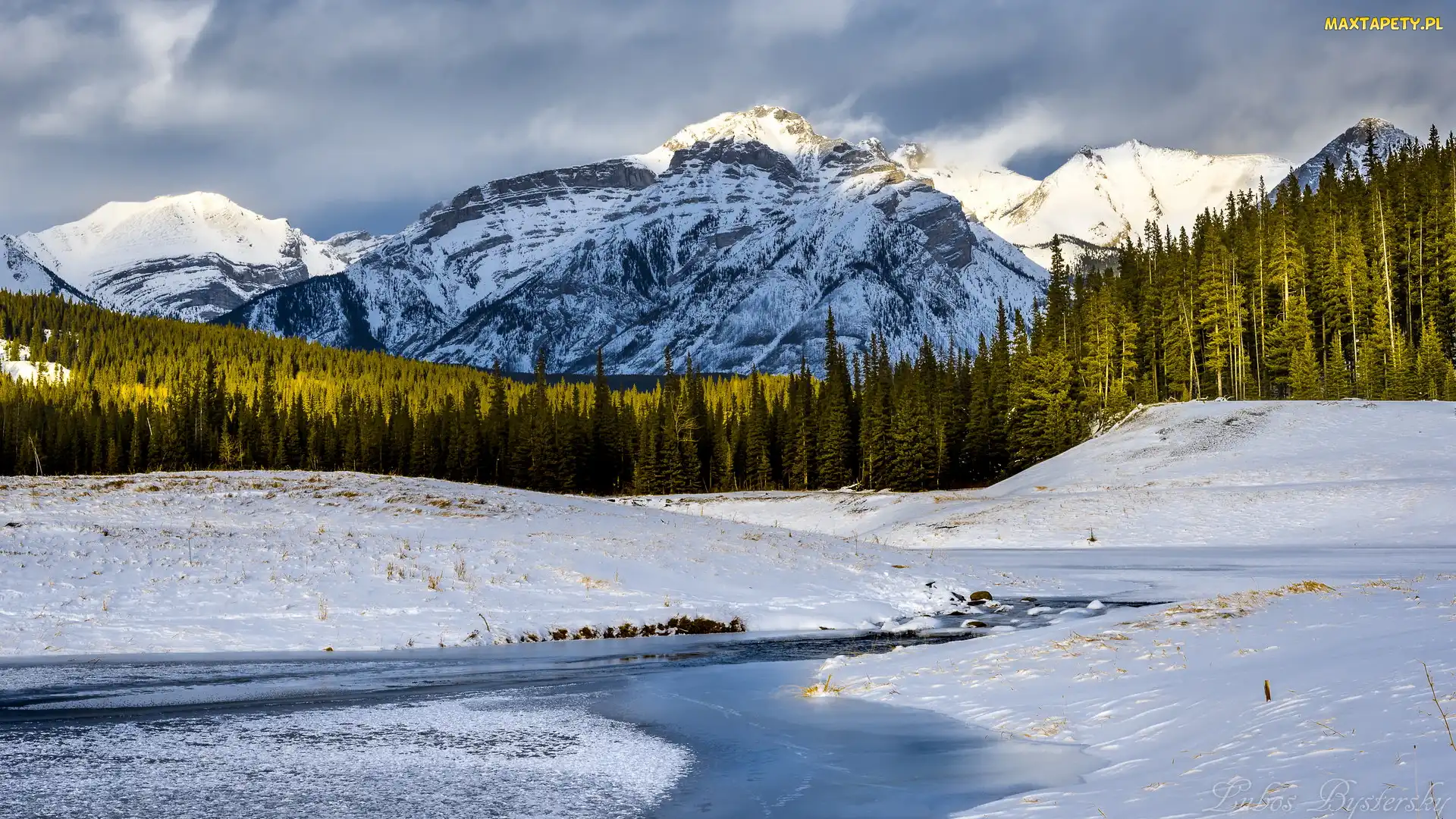 Góry, Palliser Range, Park Narodowy Banff, Jezioro, Góra Mount Astley, Kanada, Zima, Prowincja Alberta, Lake Minnewanka, Las, Drzewa