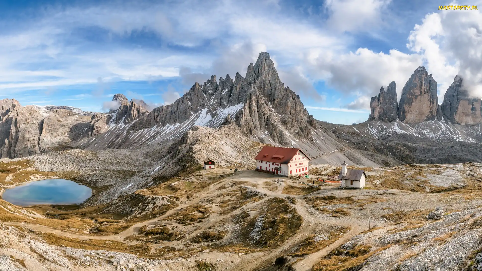 Chmury, Schronisko Dreizinnen Hutt, Jezioro, Dom, Dolomity, Południowy Tyrol, Góry, Paternkofel, Włochy, Tre Cime di Lavaredo