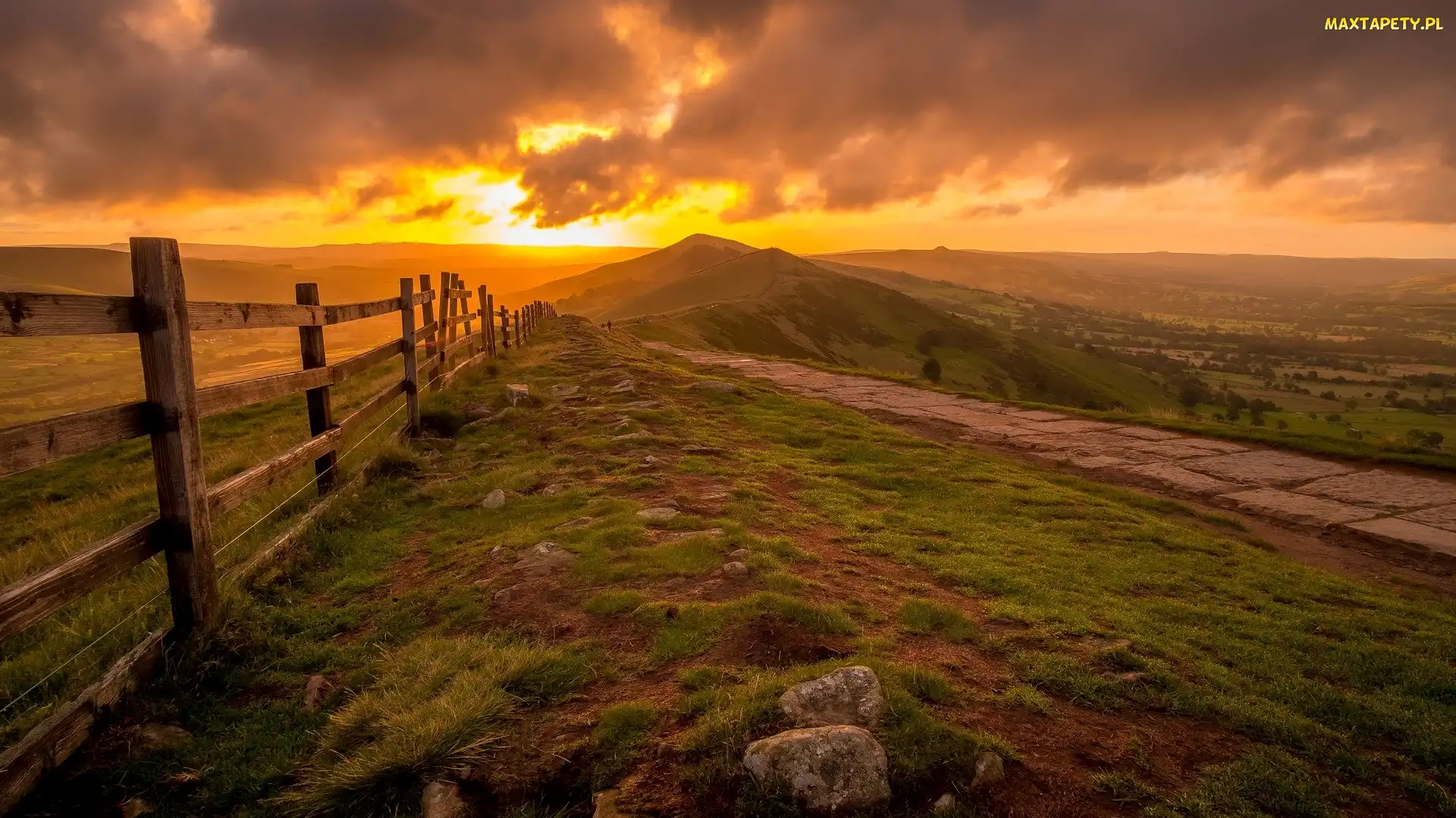Anglia, Płot, Wschód słońca, Ścieżka, Chmury, Wzgórza, Hrabstwo Derbyshire, Park Narodowy Peak District, Góry