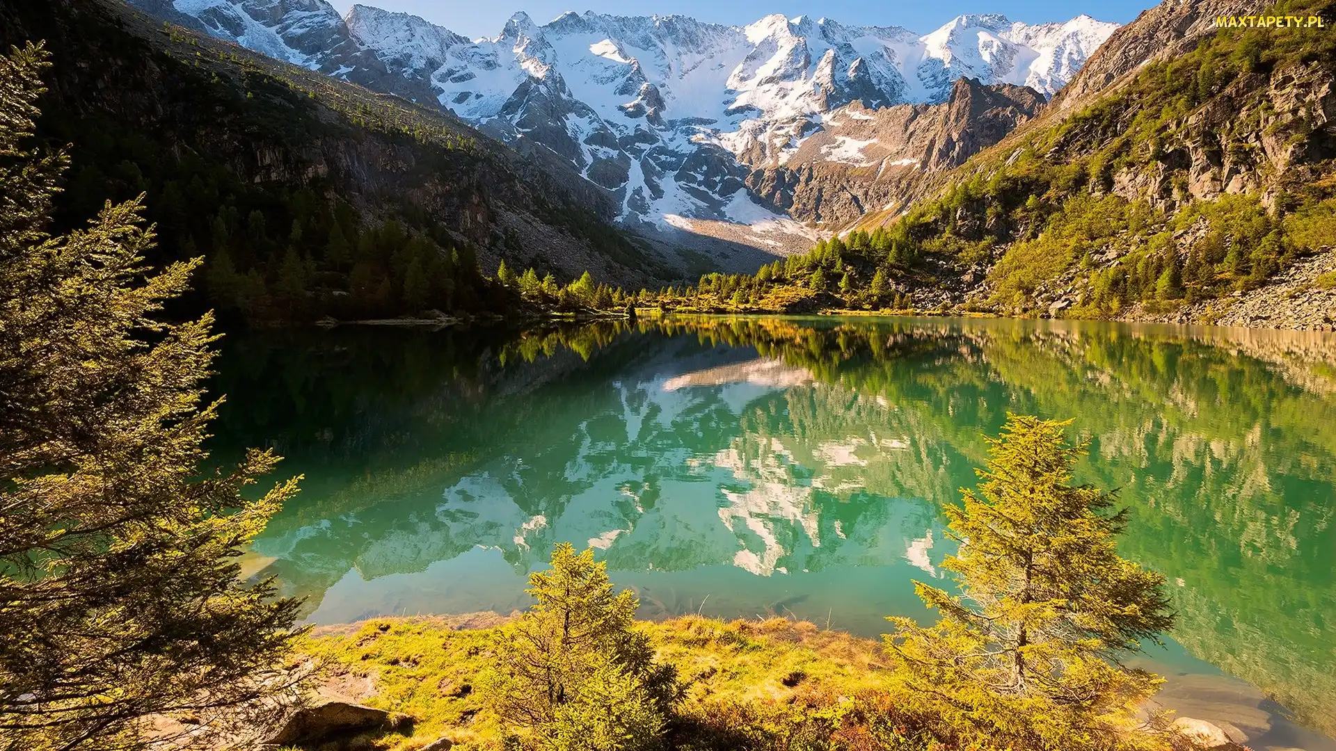 Góry, Prowincja Brescia, Aviolo Lake, Włochy, Odbicie, Jezioro, Ośnieżone, Szczyty, Drzewa