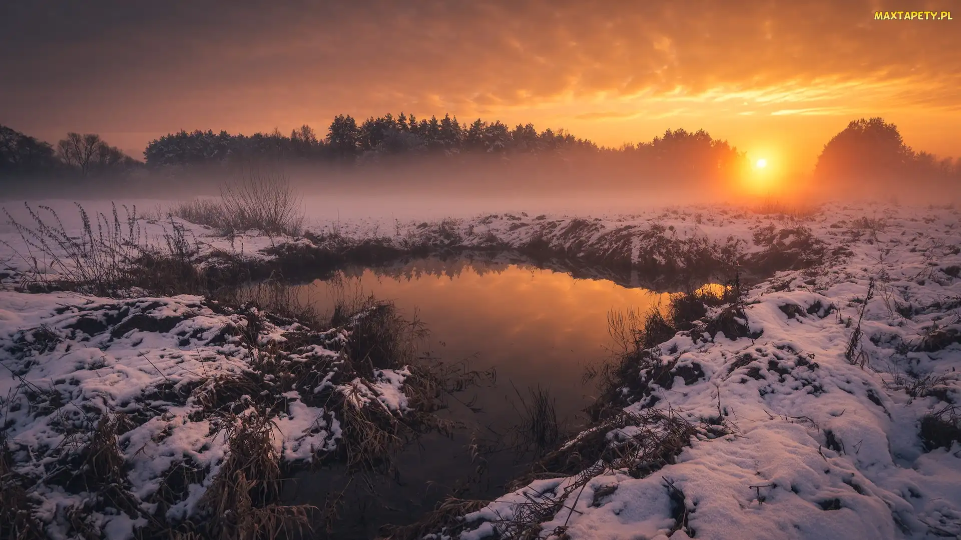 Śnieg, Rzeka, Zachód słońca, Zima