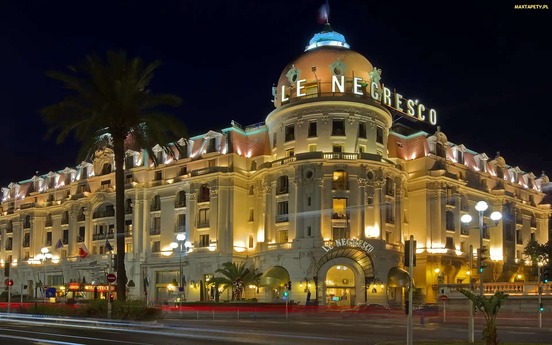 Noc, Światła, Francja, Hotel Negresco, Nicea, Ulica