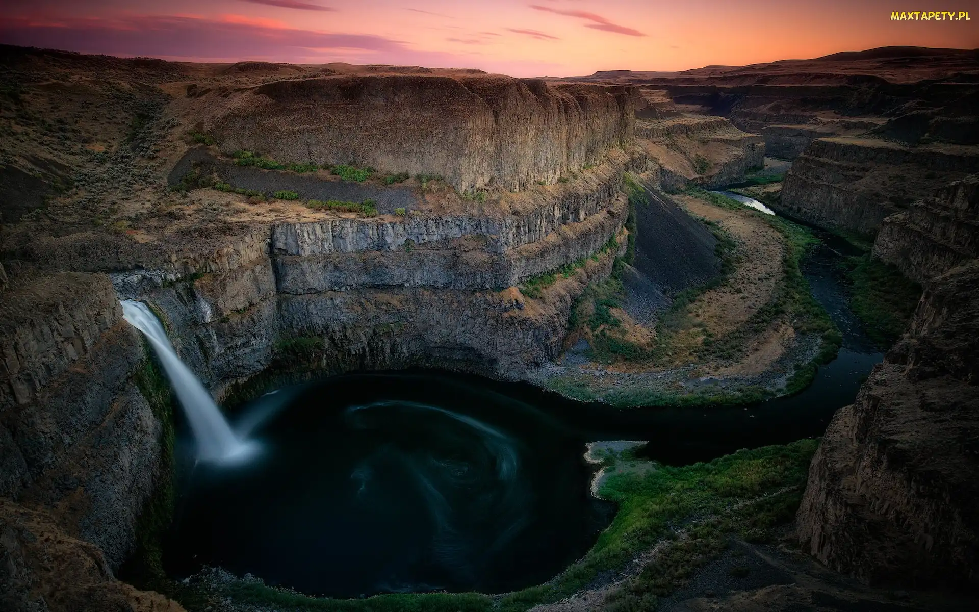 Stany Zjednoczone, Zachód słońca, Palouse River, Stan Waszyngton, Wąwóz, Wyżyna Kolumbii, Wodospad, Palouse Falls, Skały, Rzeka