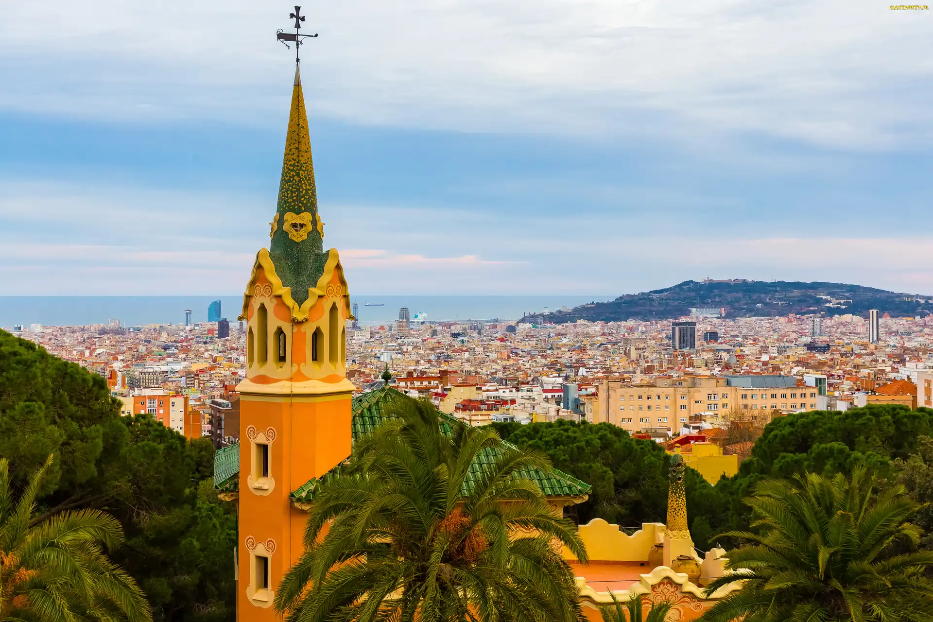 Barcelona, Palmy, Wieża, Domy, Hiszpania