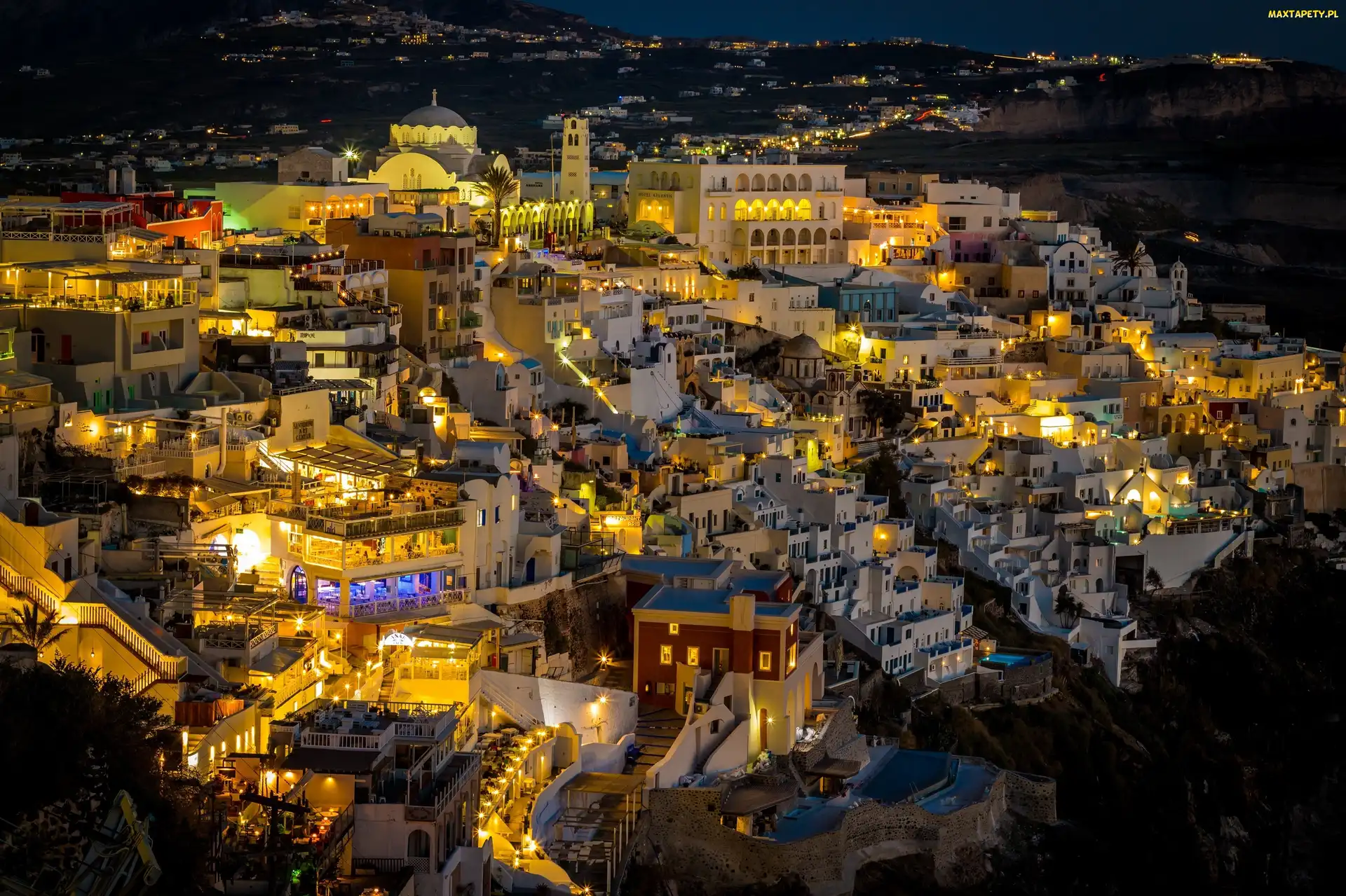 Grecja, Miasto nocą, Noc, Domy, Santorini