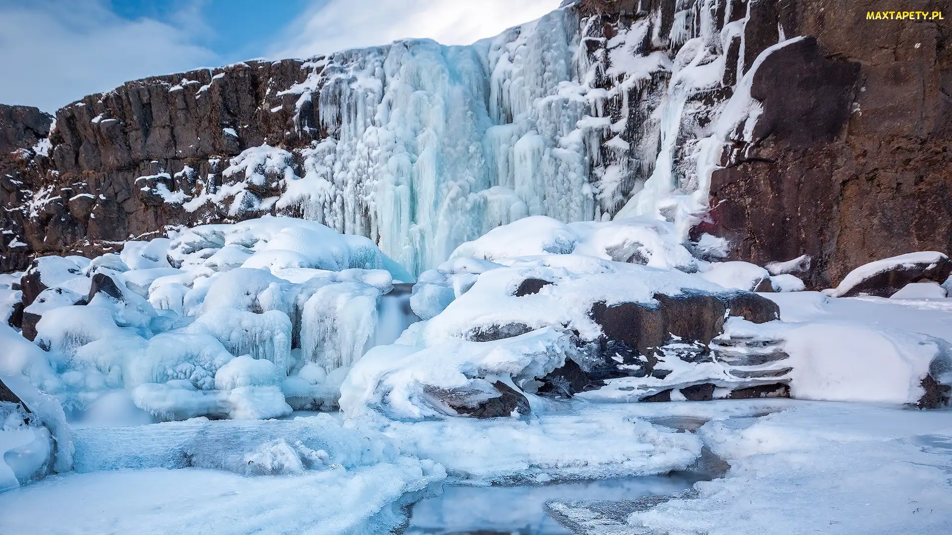 Islandia, Śnieg, Zima, Lód, Wodospad Oksararfoss