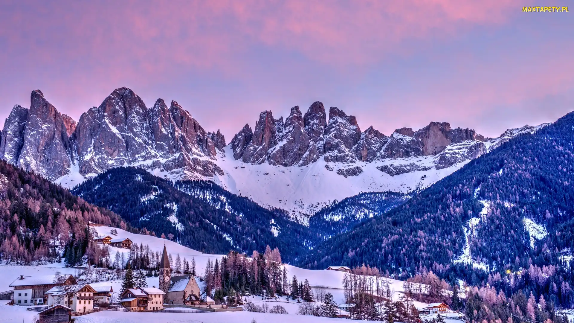 Kościół, Dolomity, Góry, Val di Funes, Dolina, Wieś, Włochy, Zima, Domy, Lasy, Drzewa, Santa Maddalena