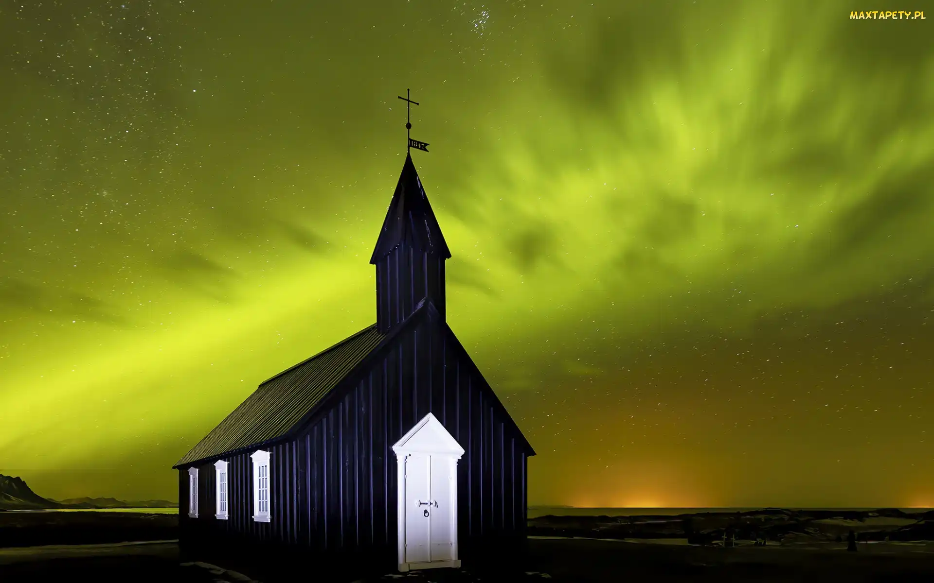 Kościół Budakirkja, Zorza polarna, Islandia, Hofn