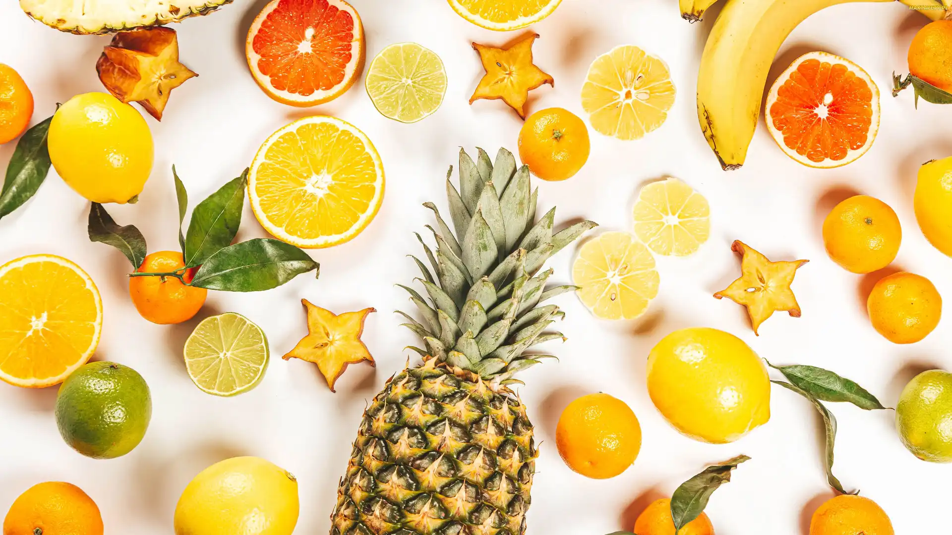 Plasterki, Grejpfrut, Ananas, Połówki, Mandarynka, Owoce, Pomarańcza