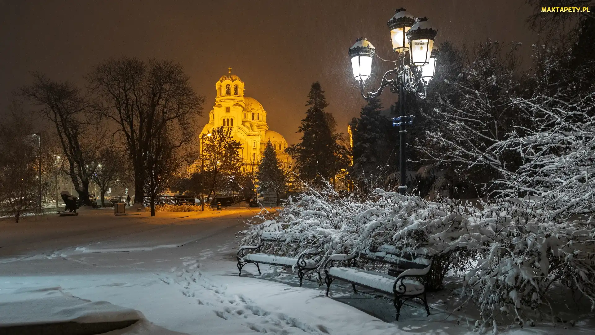 Śnieg, Latarnia, Ławki, Padający, Oświetlona, Zima, Cerkiew, Drzewa, Park, Krzewy