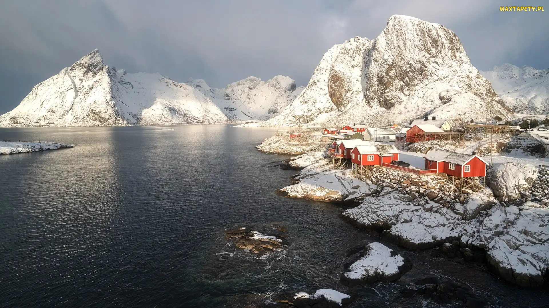 Lofoty, Góry, Norwegia, Morze, Wioska Hamnoy, Domy, Zima, Góra Higravstinden