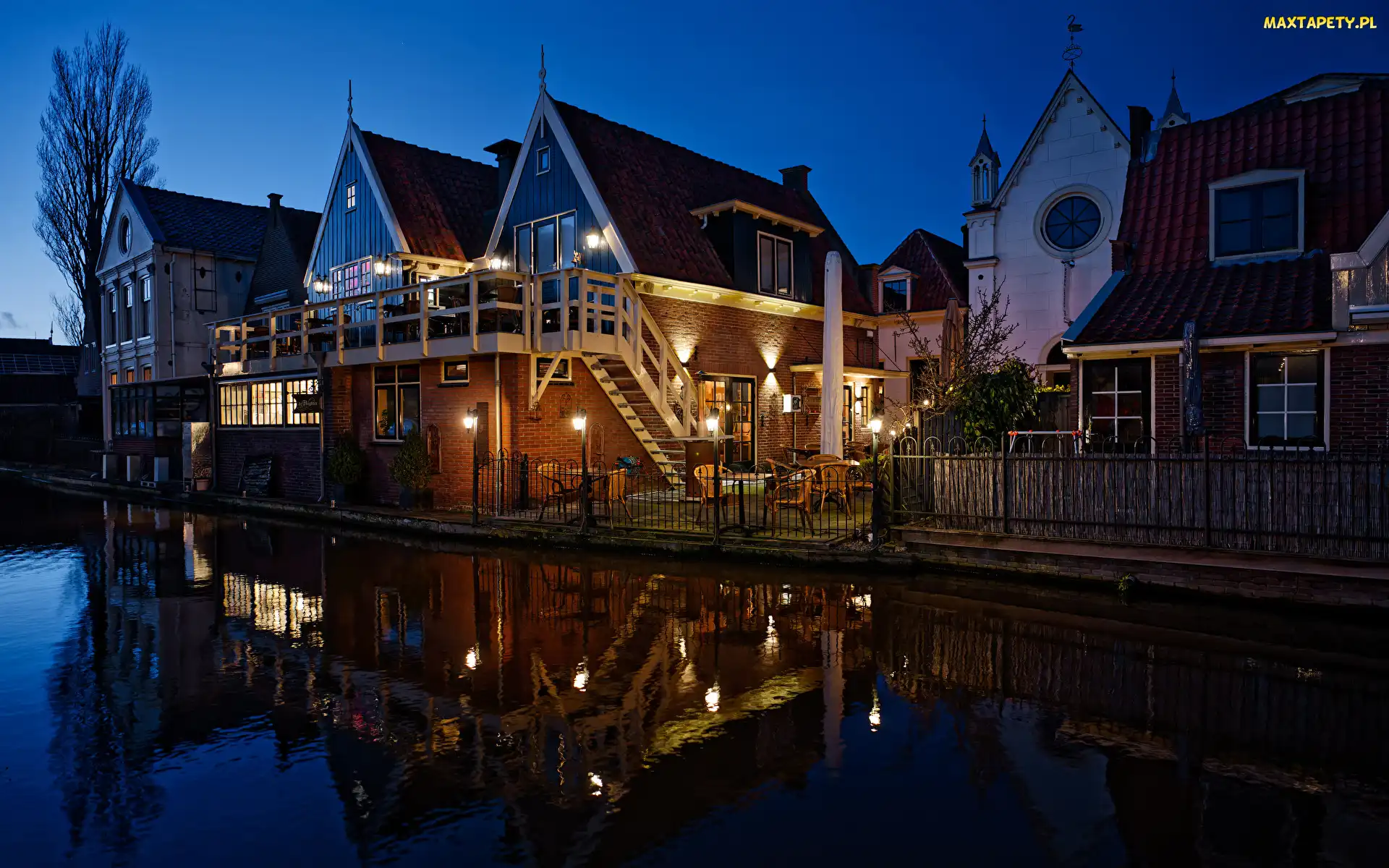 Kanał, Noc, Gmina Alkmaar, Holandia, De Rijp, Domy