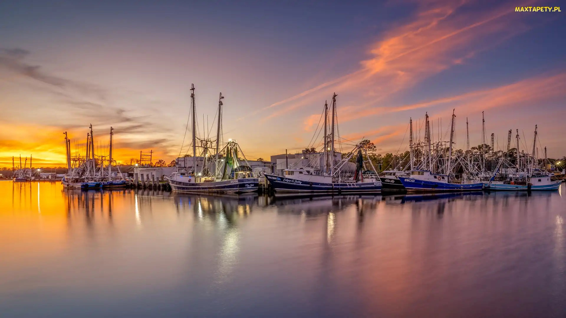 Zachód słońca, Żaglówki, Przystań, Port