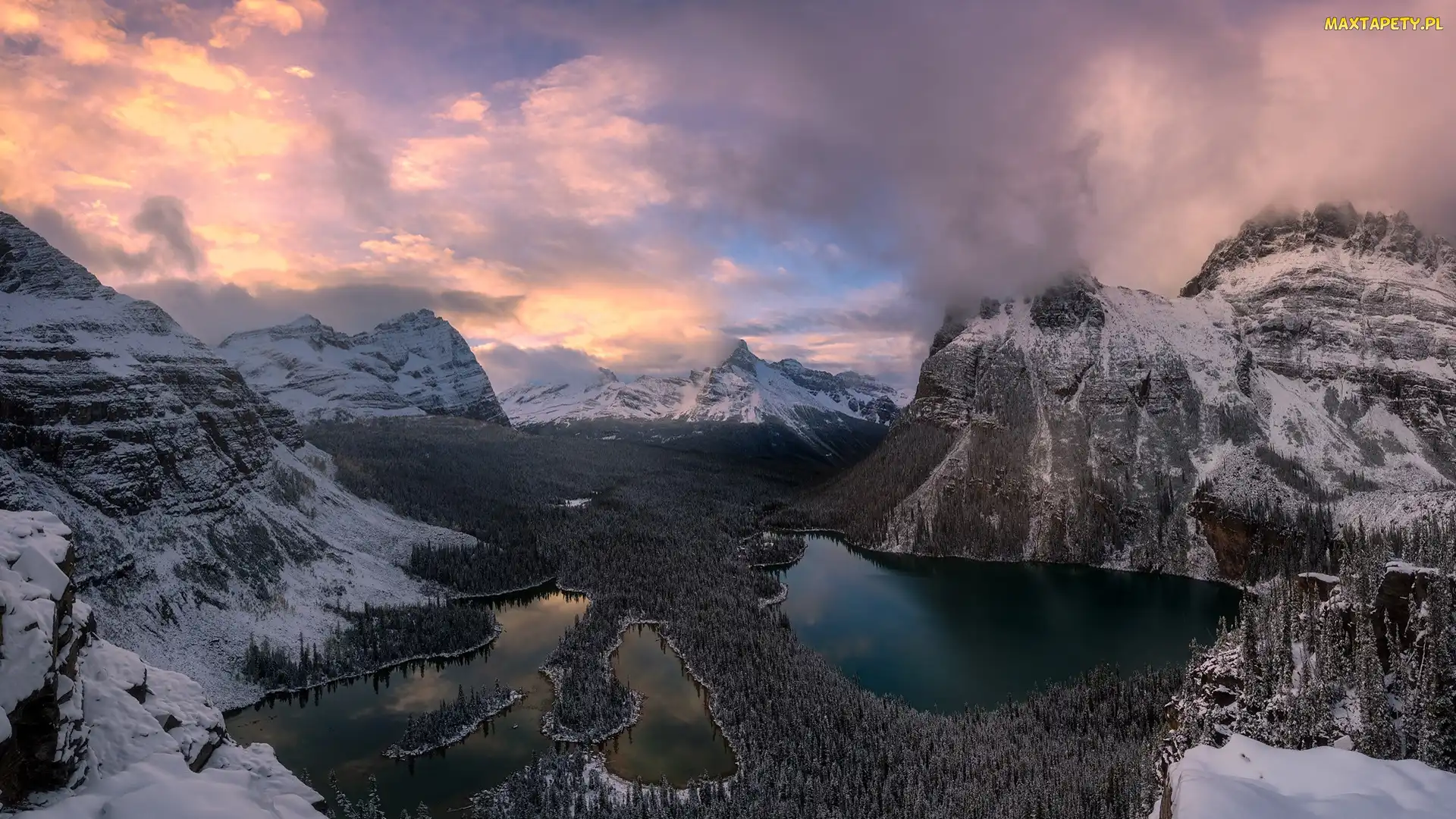 Kanada, Zima, Lake OHara, Chmury, Góry, Mary Lake, Kolumbia Brytyjska, Park Narodowy Yoho, Jezioro