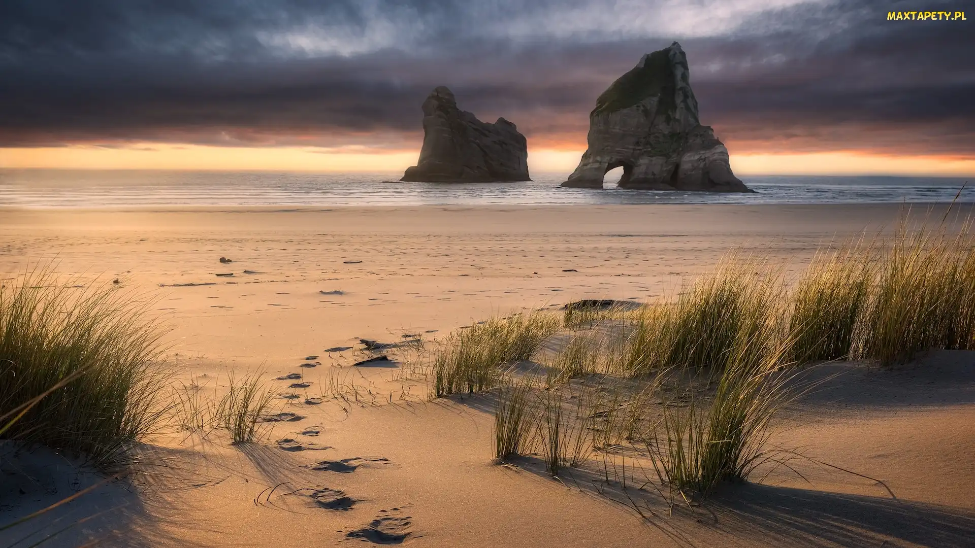 Plaża, Wybrzeże, Morze Tasmana, Nowa Zelandia, Chmury, Trawa, Skały, Ślady, Wharariki Beach