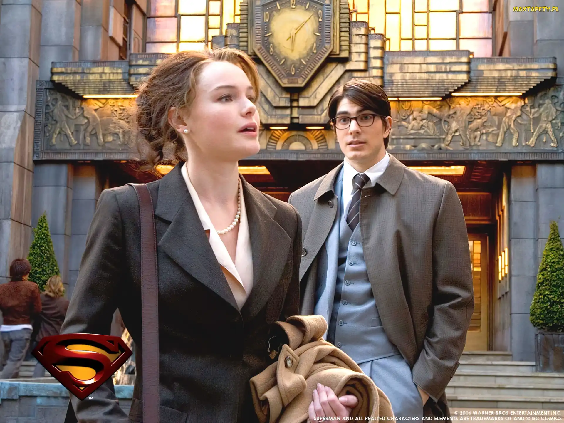 budynek, płaszcz, Kate Bosworth, Superman Returns, Brandon Routh, zegar