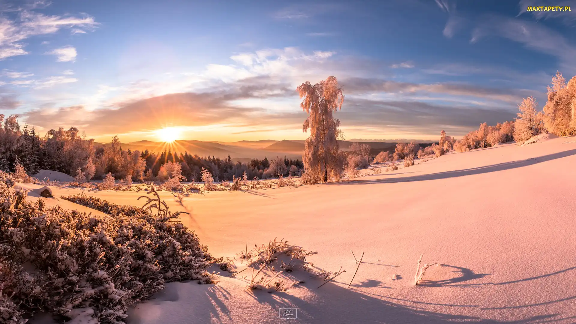Śnieg, Zima, Góry, Drzewa, Wschód słońca, Polska, Beskidy
