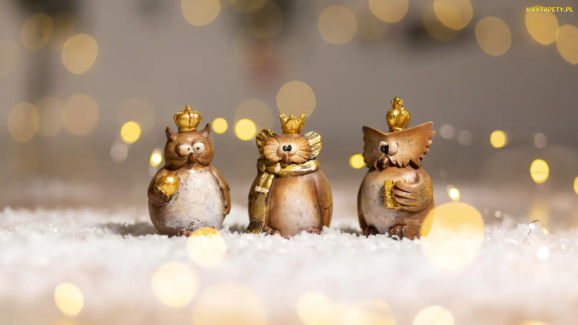 Ptaki, Bokeh, Śnieg, Sowy, Figurki