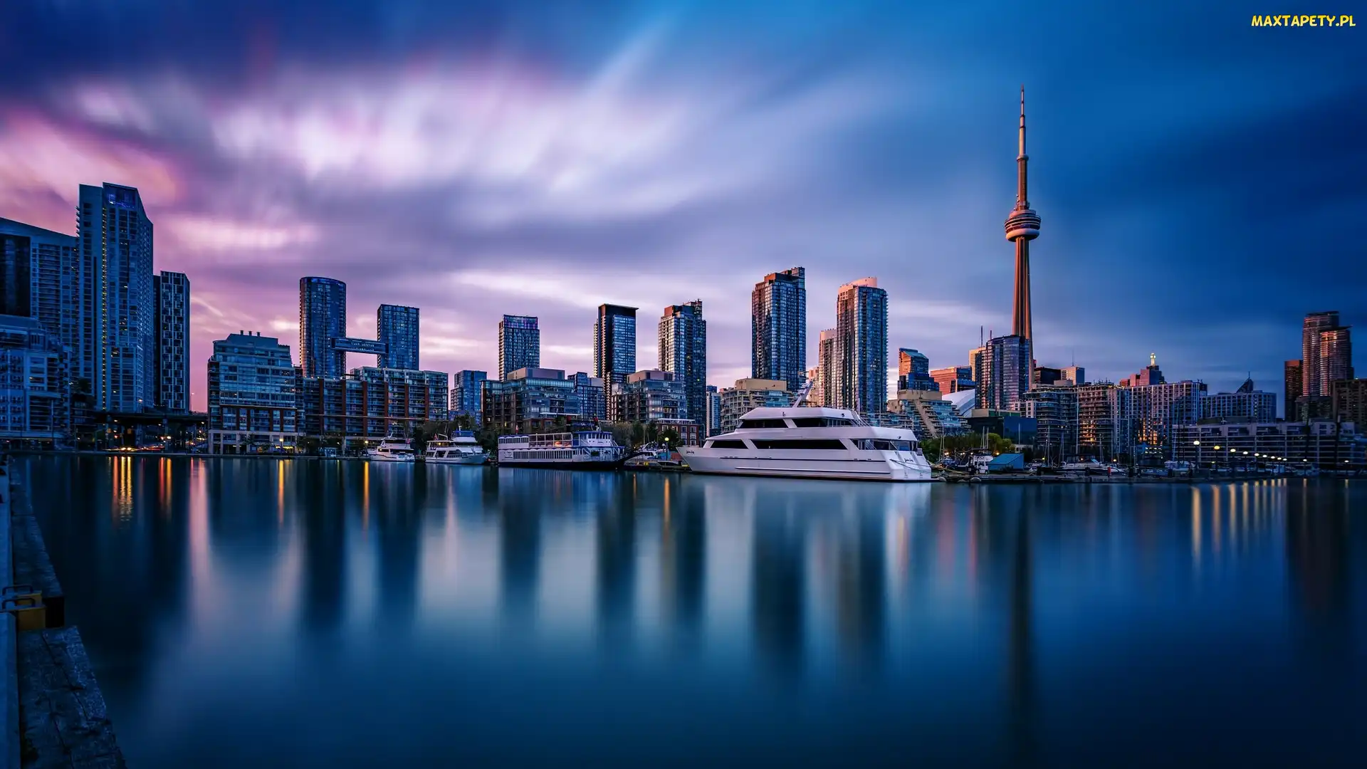 Wieżowce, Wieża CN, Kanada, Jezioro Ontario, Toronto, Jacht