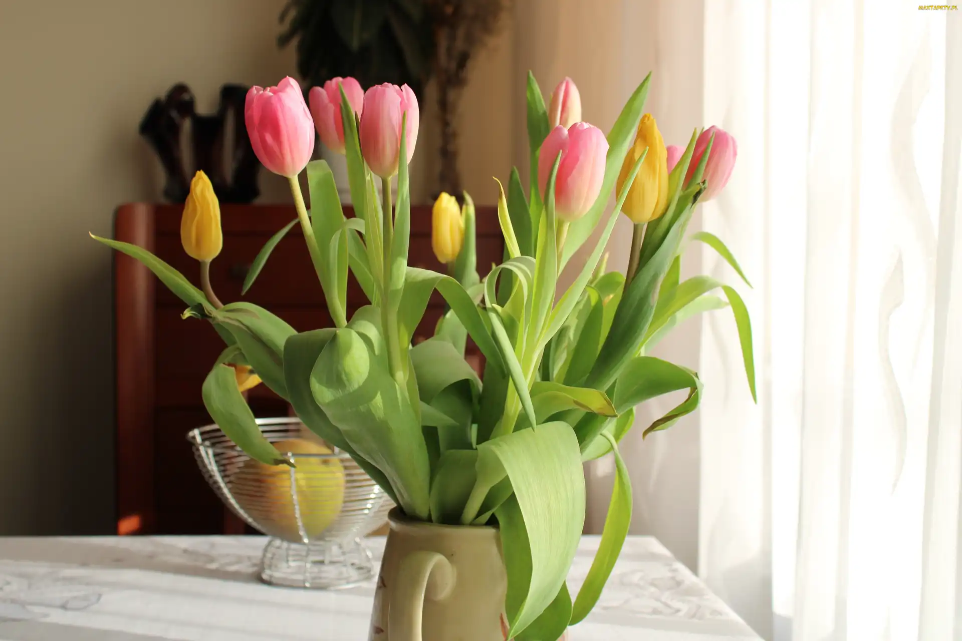 Dzbanek, Tulipany, Różowe, Żółte