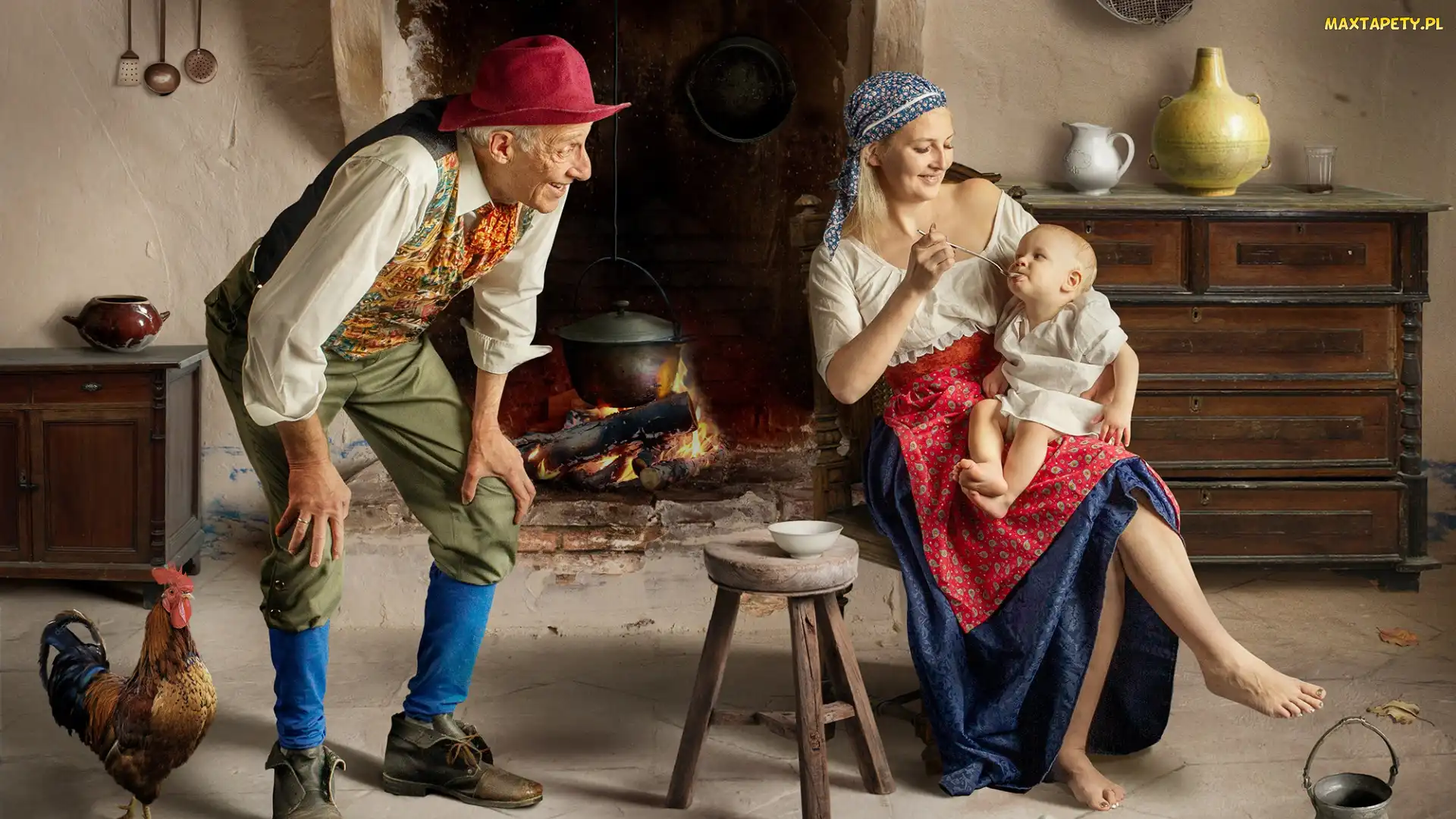 Mężczyzna, Mama, Kobieta, Ludzie, Kogut, Niemowlę, Dziecko, Izba, Dziadek