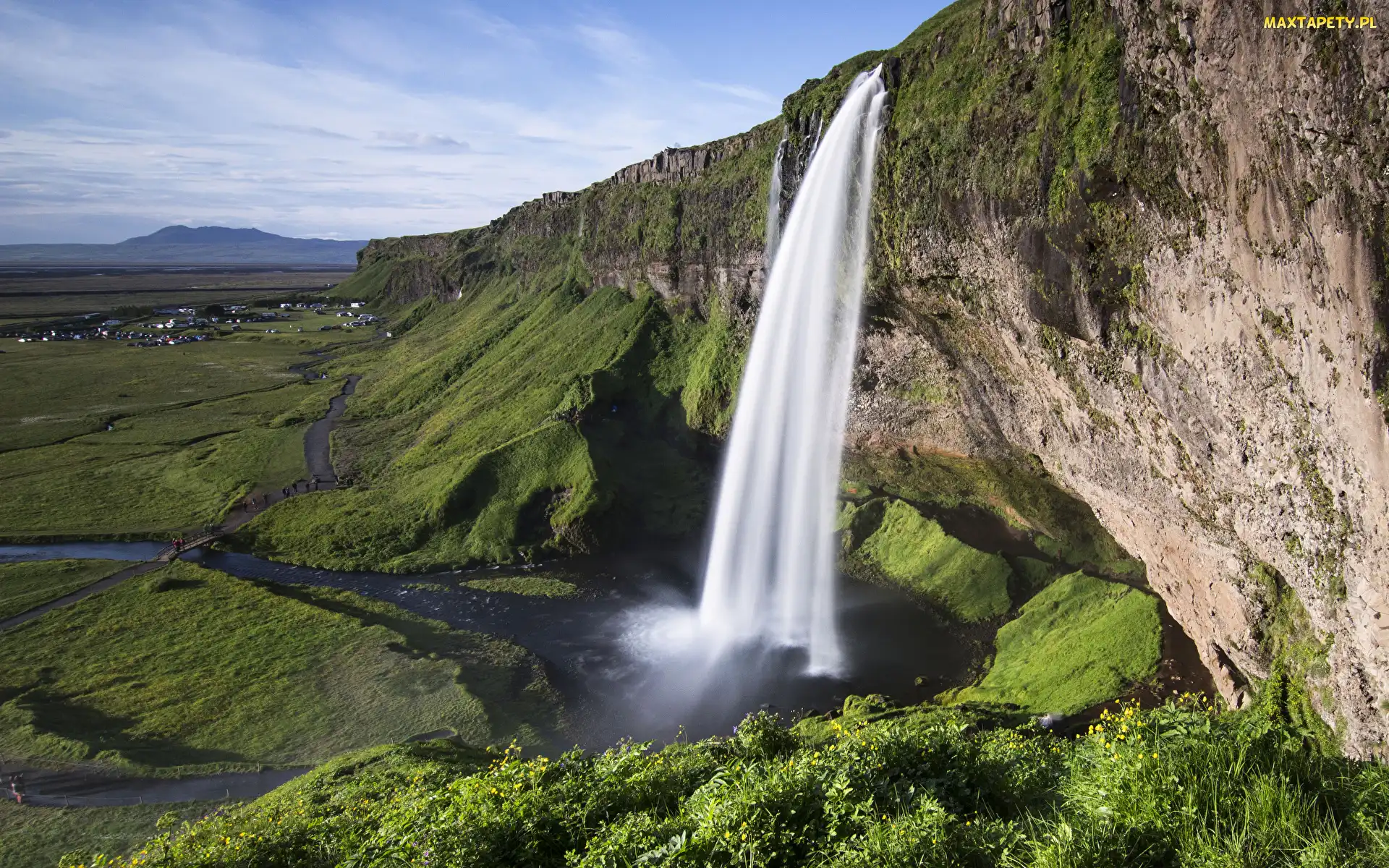 Islandia, Wodospad Seljalandsfoss, Skała, Łąki
