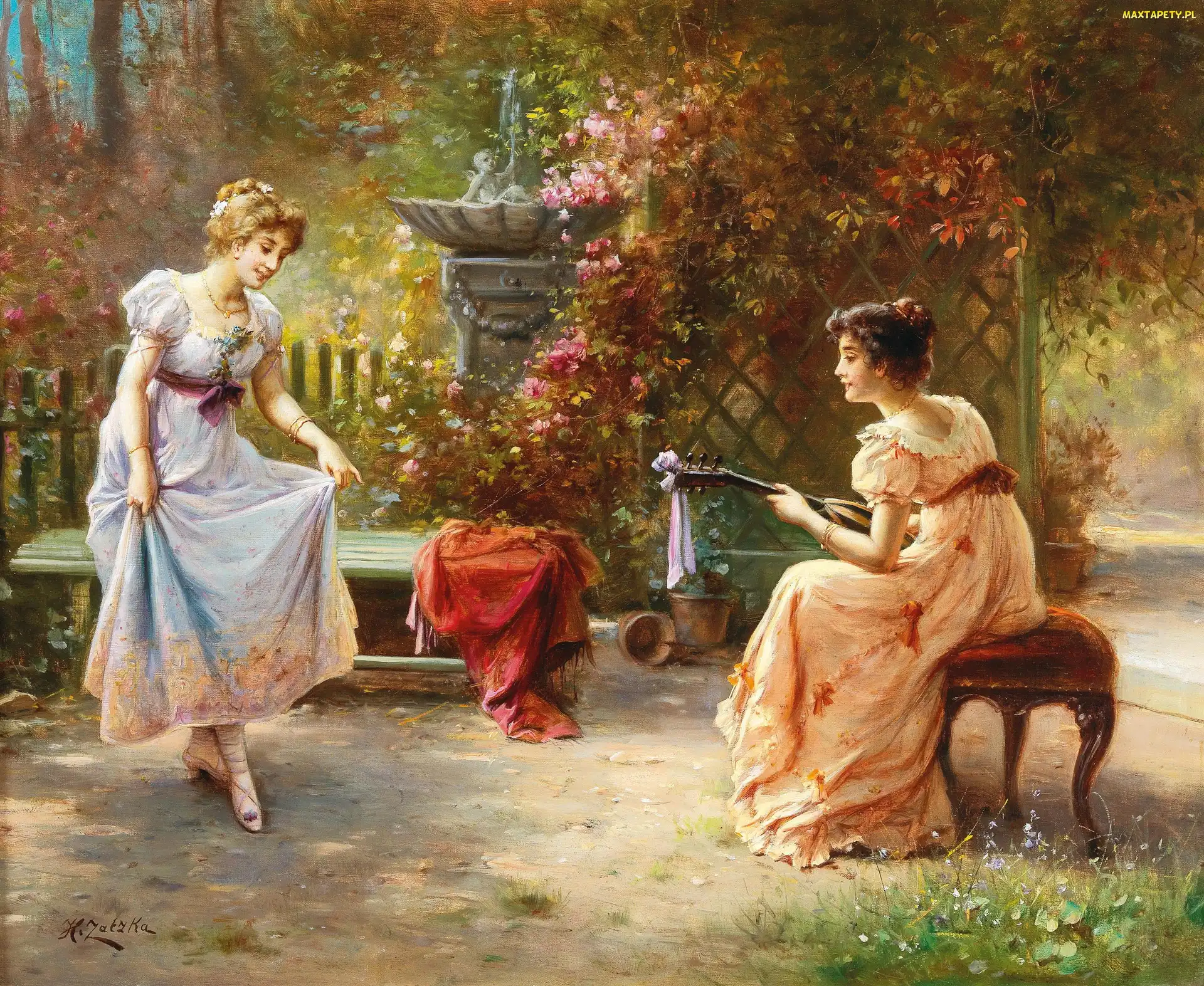 Ławka, Ogród, Obraz, Malarstwo, Hans Zatzka, Kobiety