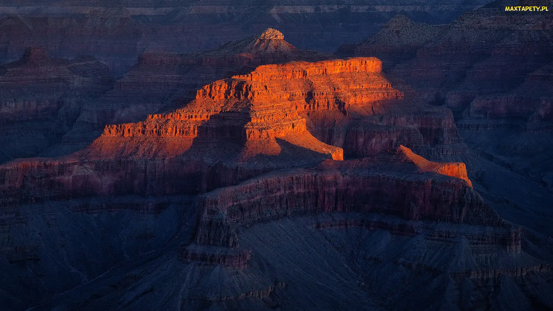 Park Narodowy Wielkiego Kanionu, Arizona, Grand Canyon, Stany Zjednoczone, Wschód słońca, Wielki Kanion Kolorado, Rozświetlone, Skały, Góry