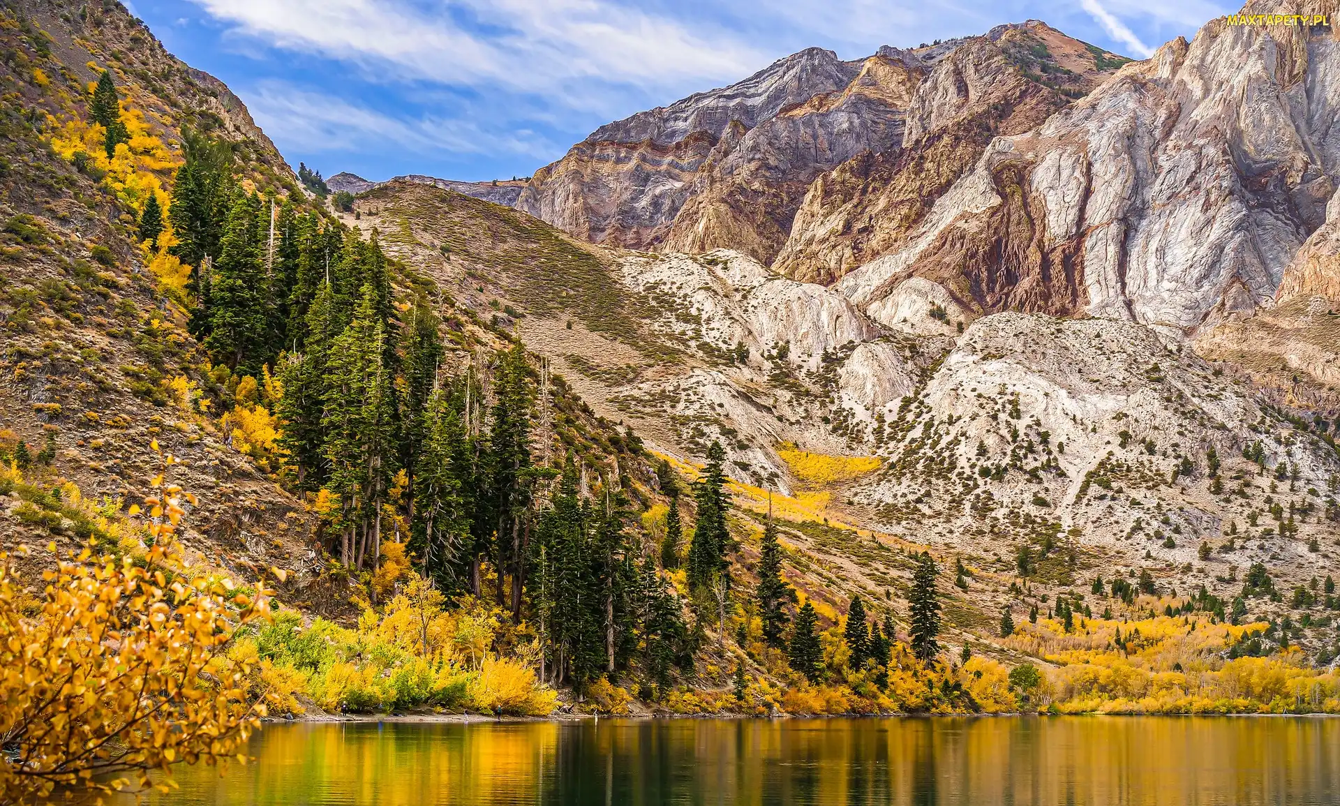 Jezioro, Góry, Jesień, Stany Zjednoczone, Drzewa, Convict Lake, Kalifornia, Sierra Nevada