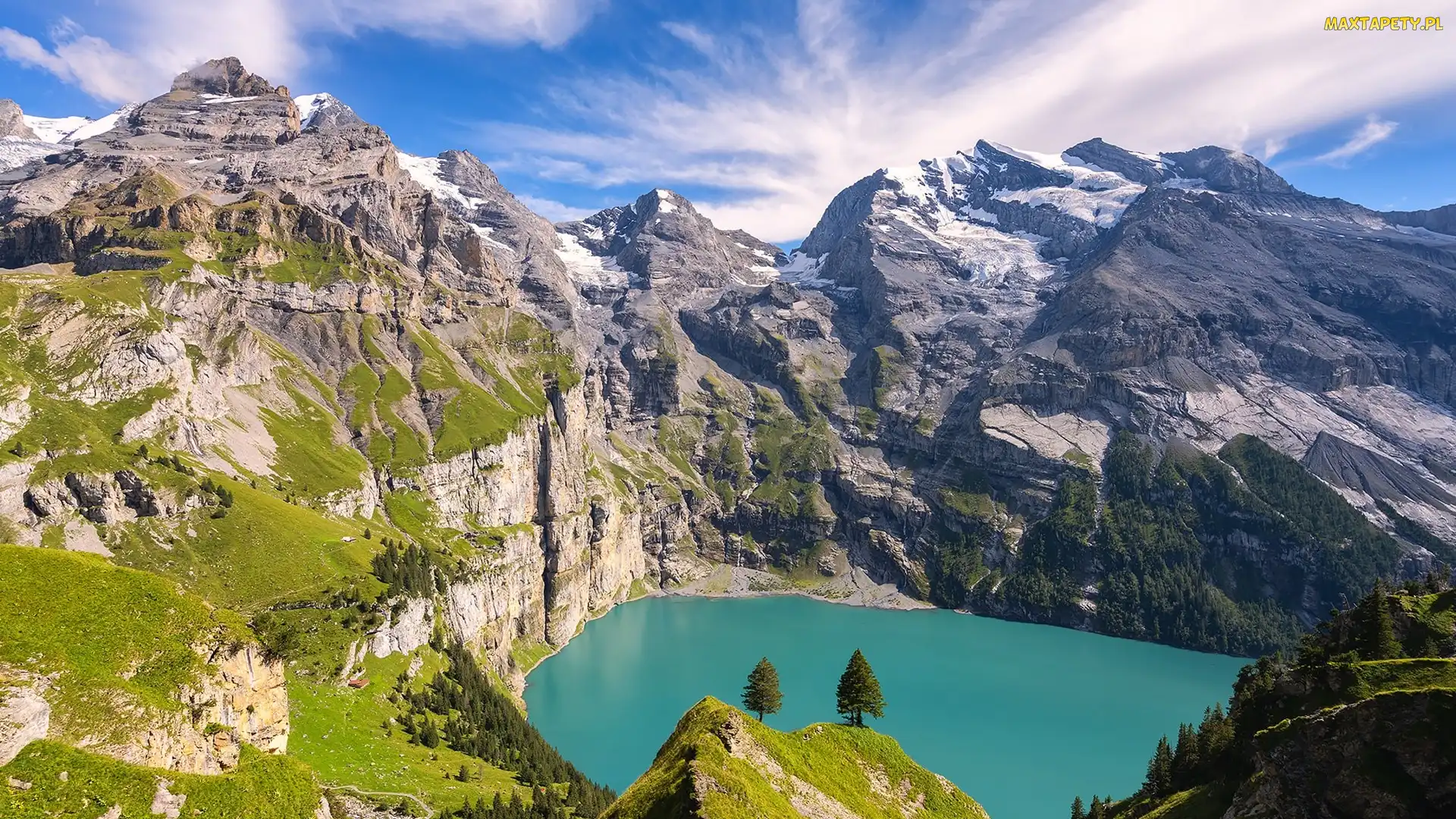 Kanton Berno, Jezioro, Szwajcaria, Alpy Berneńskie, Drzewa, Góry, Roślinność, Oeschinen Lake
