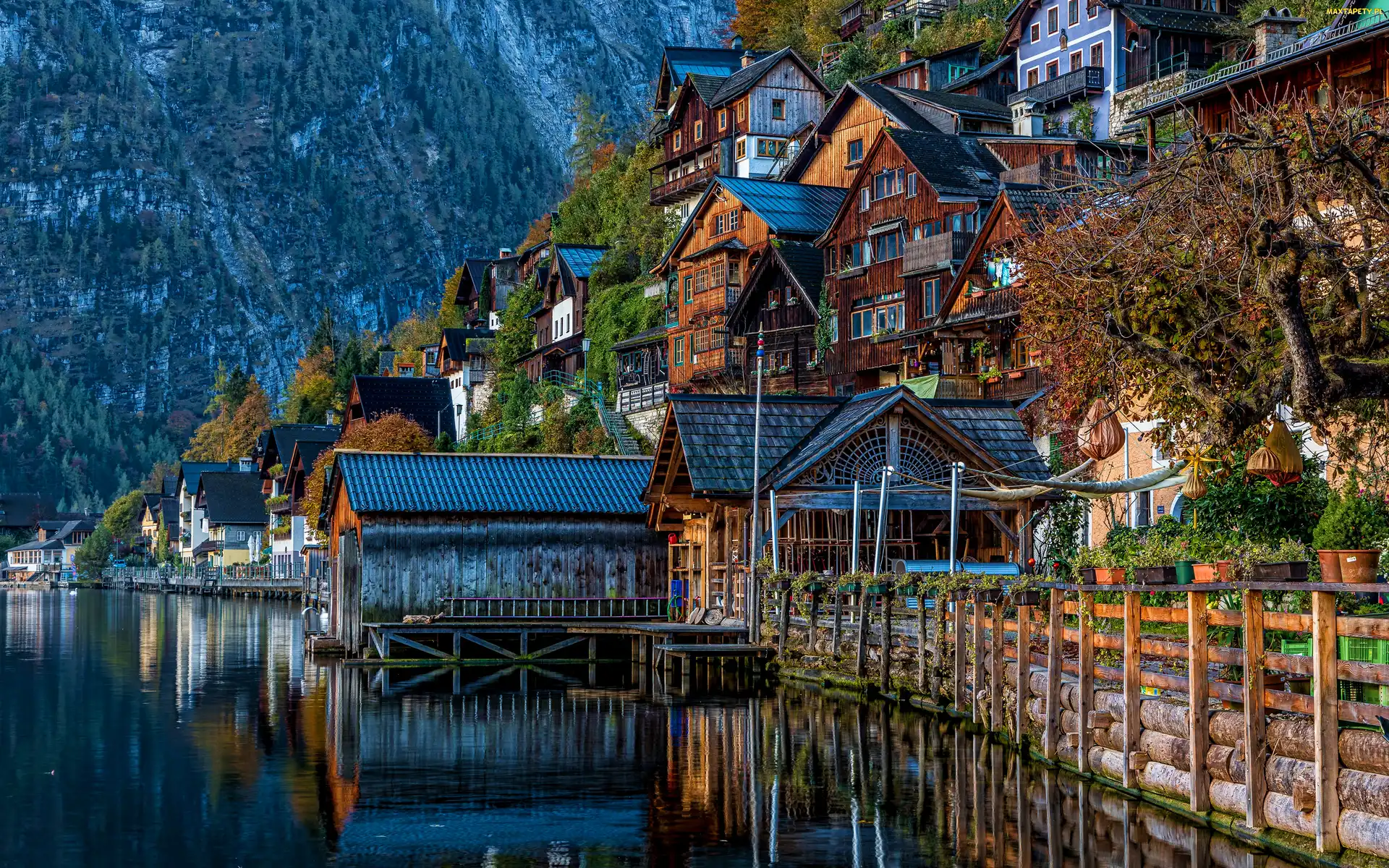 Drzewa, Domy, Hallstatt, Austria, Jezioro Hallstattersee, Alpy Salzburskie