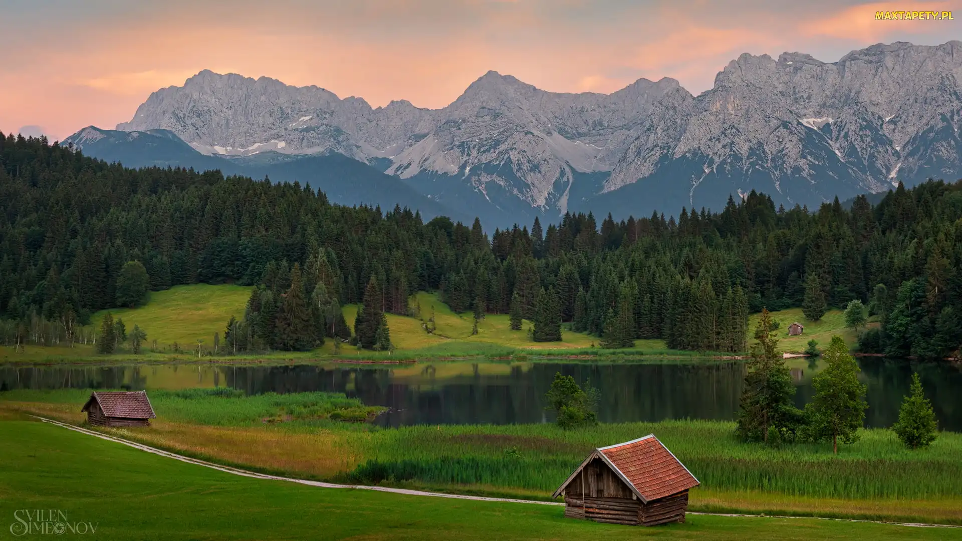 Las, Drewniane, Jezioro Geroldsee, Góry Karwendel, Niemcy, Miejscowość Krun, Domki, Bawaria, Drzewa