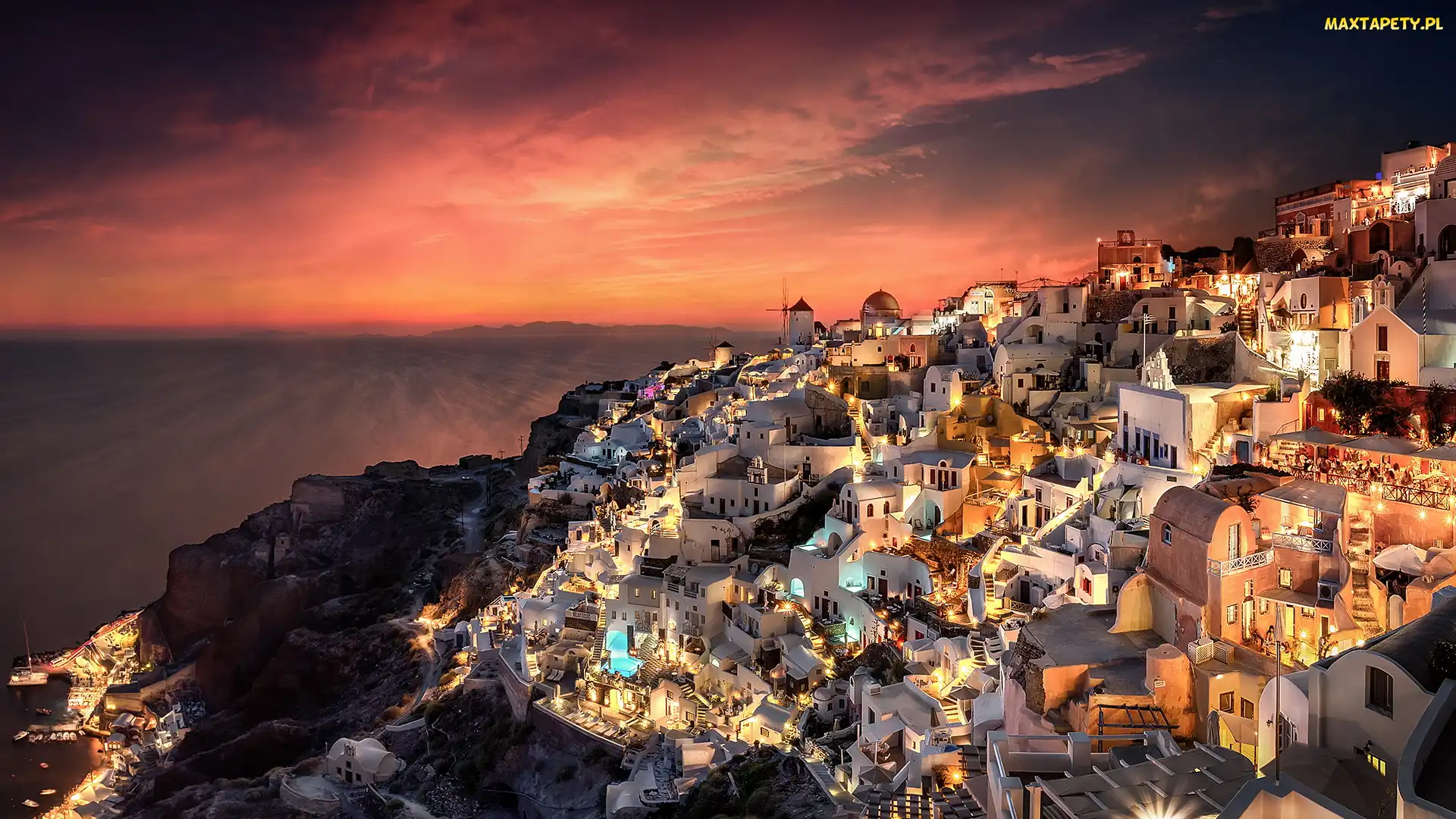 Grecja, Santorini, Morze, Zachód słońca, Miasteczko, Domy
