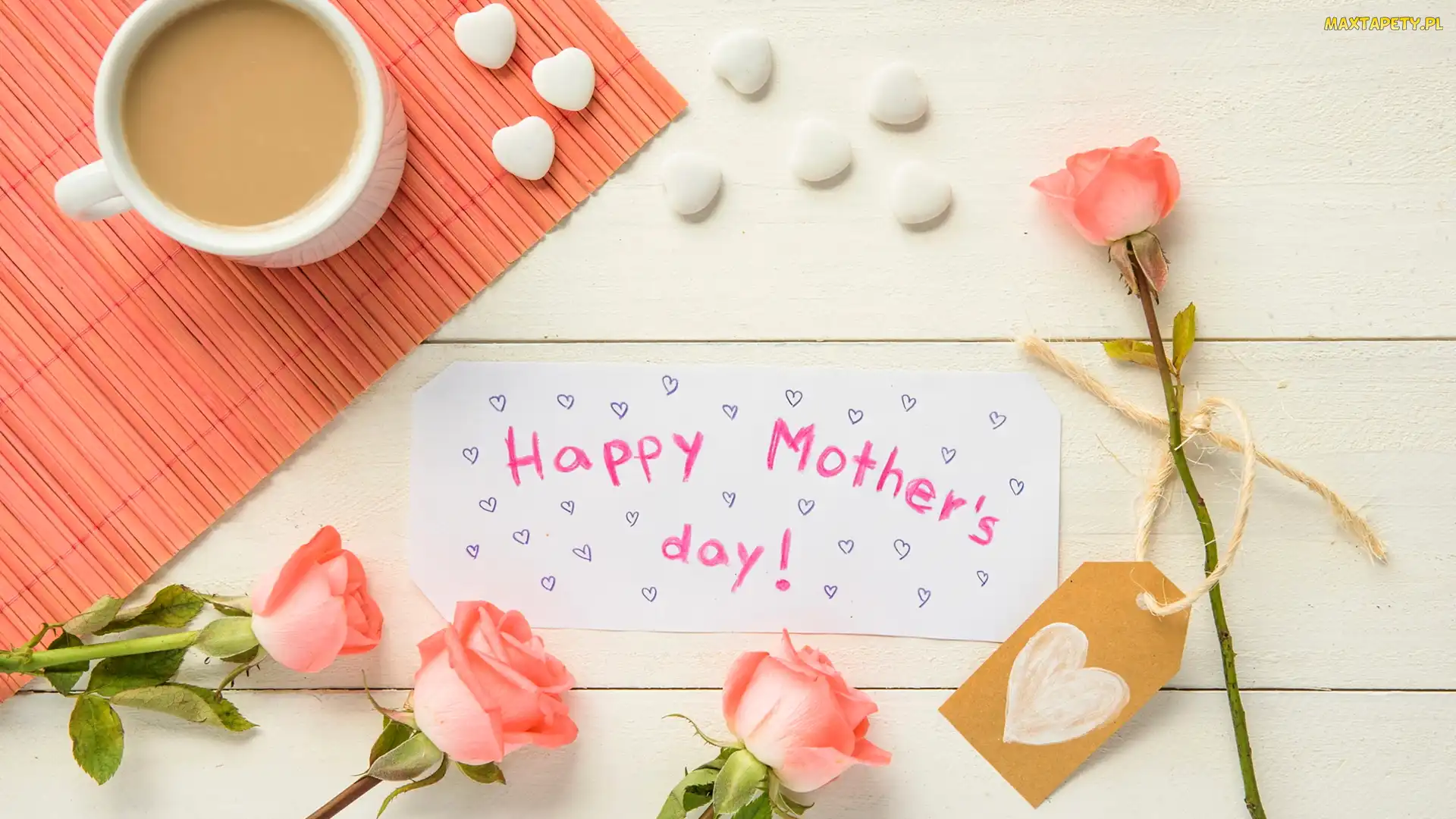 Róże, Napis, Kawa, Kartka, Deski, Serduszka, Dzień Matki, Happy Mothers Day