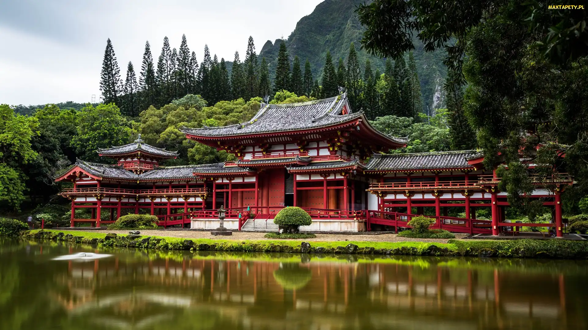 Stany Zjednoczone, Drzewa, Byodo-In, Góry, Replika, Świątynia, Hawaje, Wyspa Oahu, Budowla