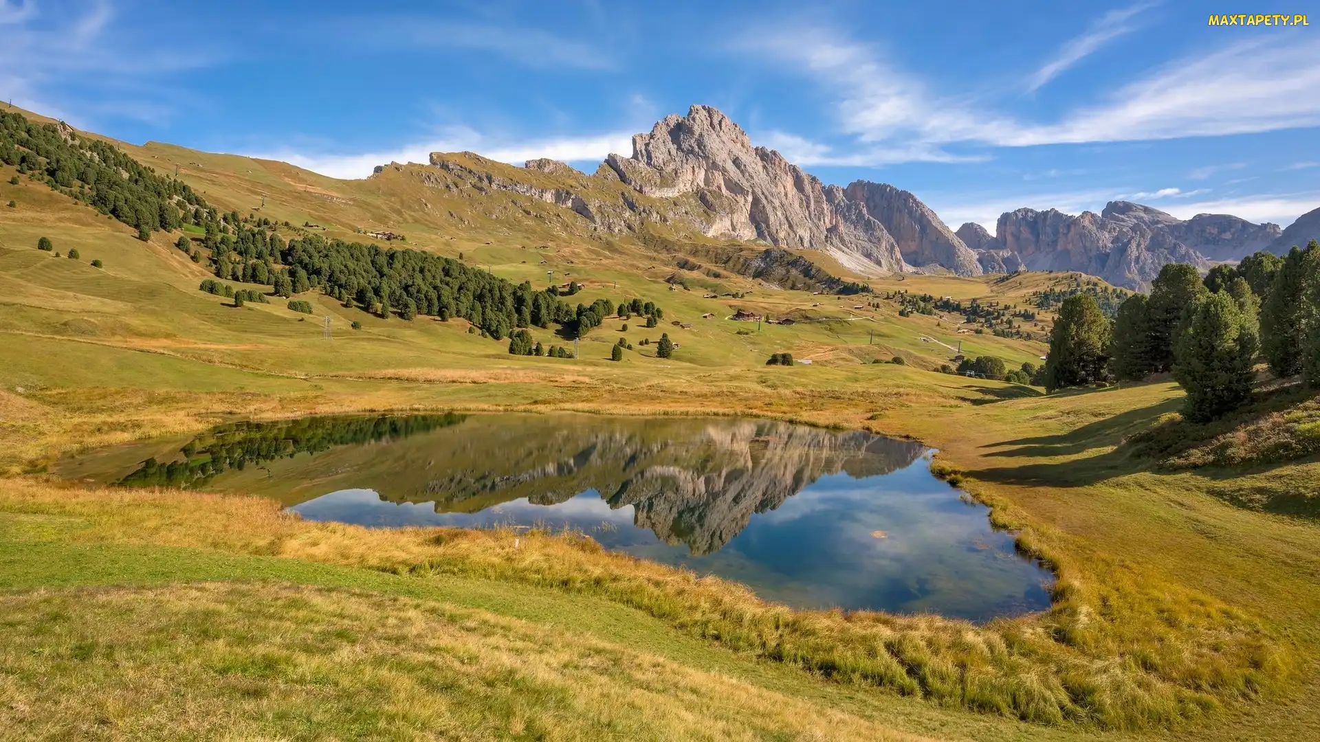 Gmina Santa Cristina Val Gardena, Łąka, Dolomity, Włochy, Drzewa, Góry, Jezioro Lech Sant