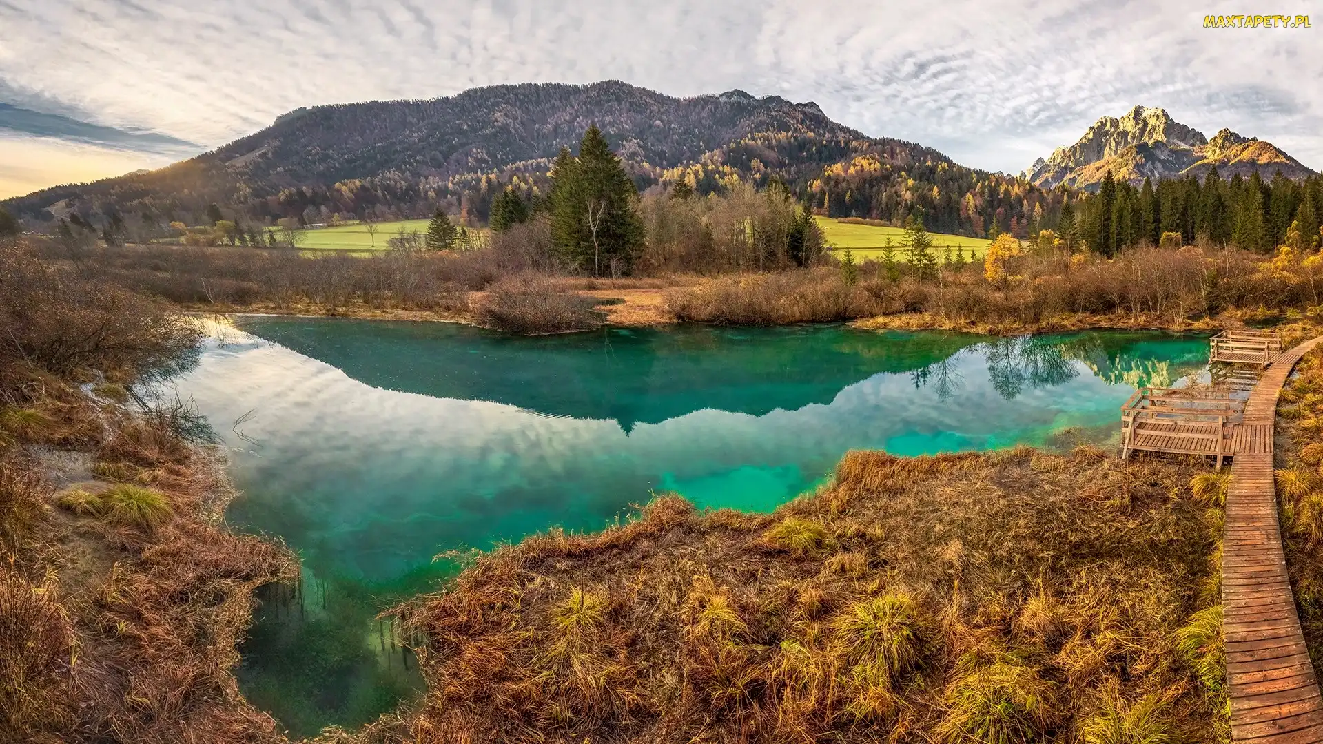 Słowenia, Pomost, Lasy, Chmury, Drewniany, Góry, Kranjska Gora, Rezerwat przyrody Zelenci, Jezioro Zelenci
