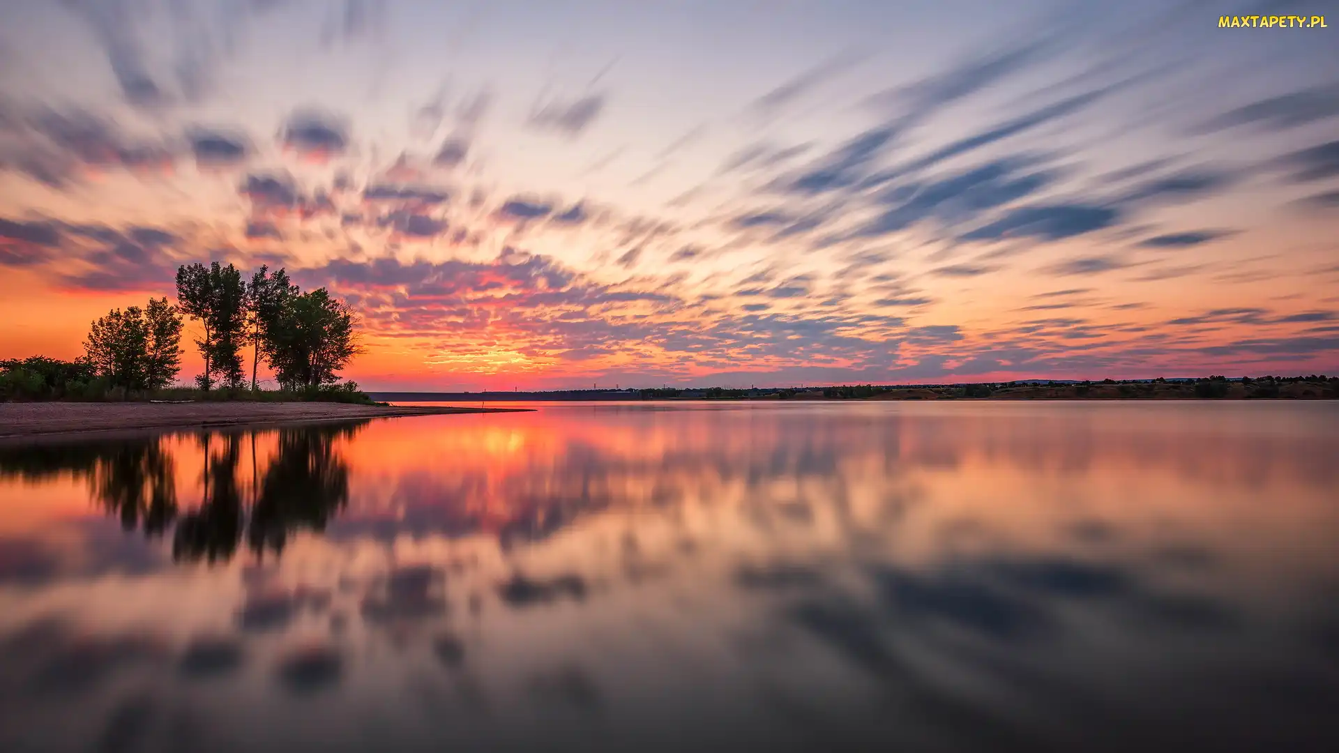 Kolorado, Drzewa, Chmury, Stany Zjednoczone, Lake Chatfield, Wschód słońca, Jezioro