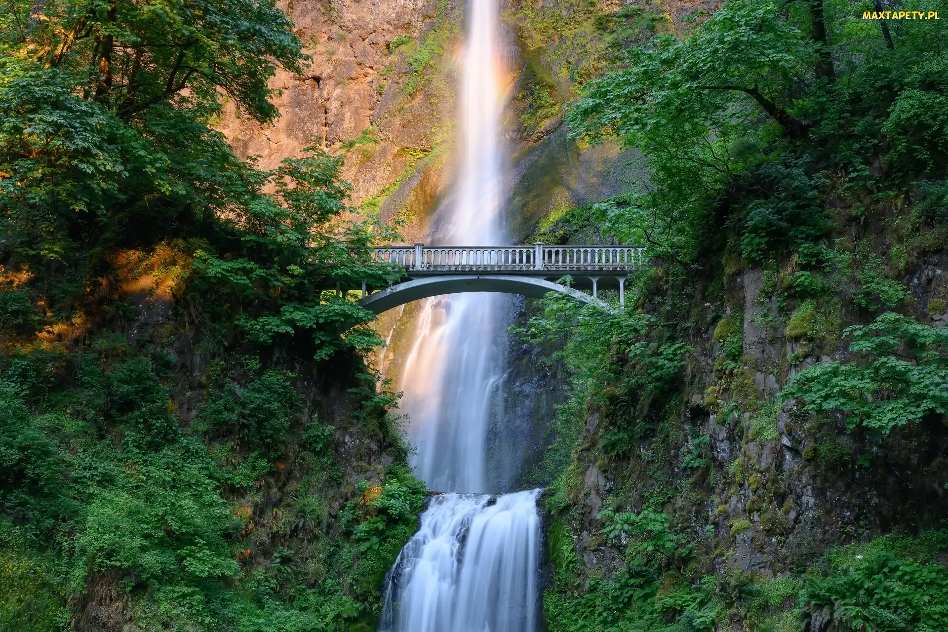 Wodospad, Hrabstwo Multnomah, Zieleń, Stany Zjednoczone, Oregon, Most, Multnomah Falls, Skały, Drzewa
