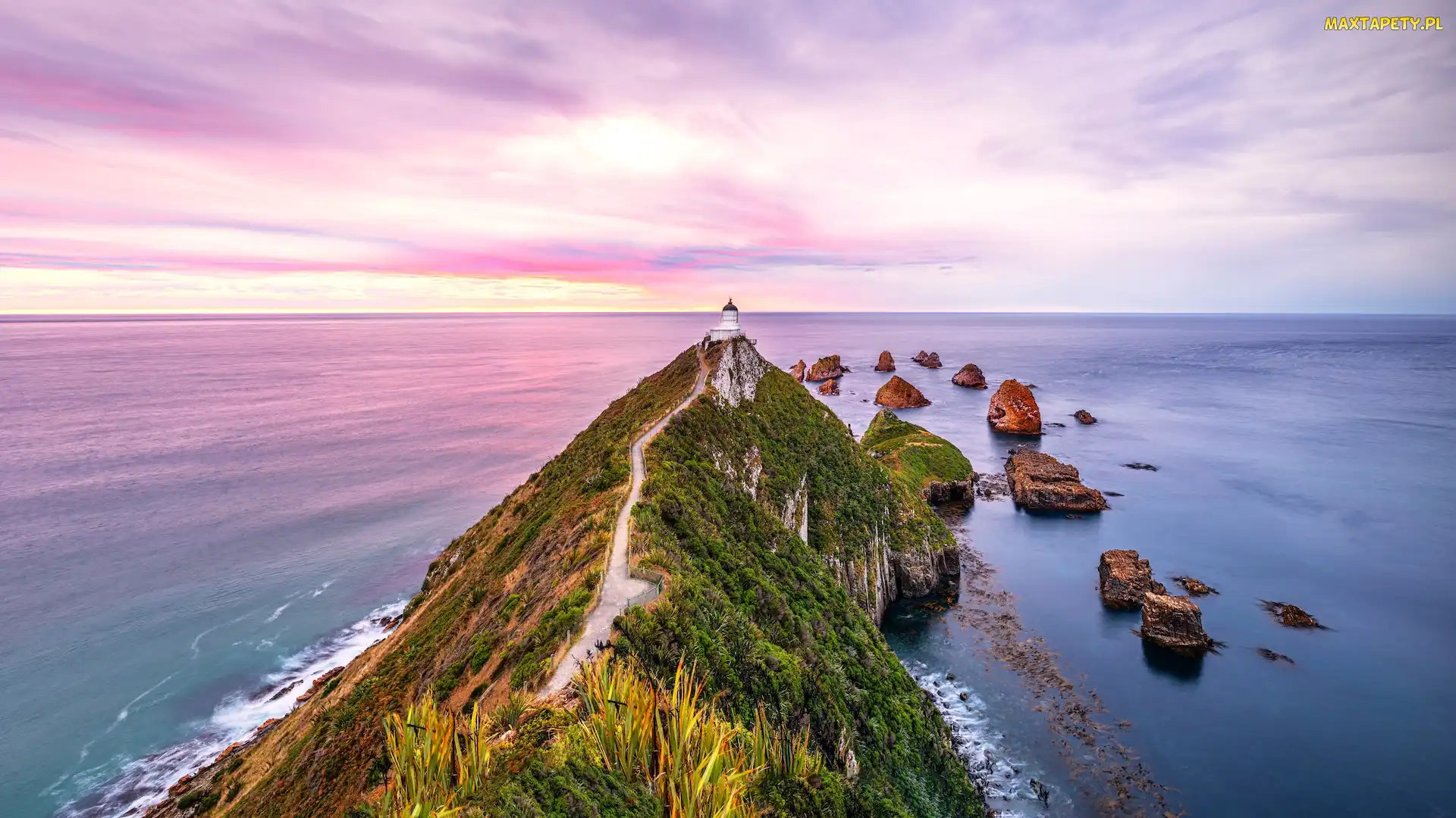 Otago, Skały, Latarnia morska, Nowa Zelandia, Ścieżka, Morze, Nugget Point Lighthouse