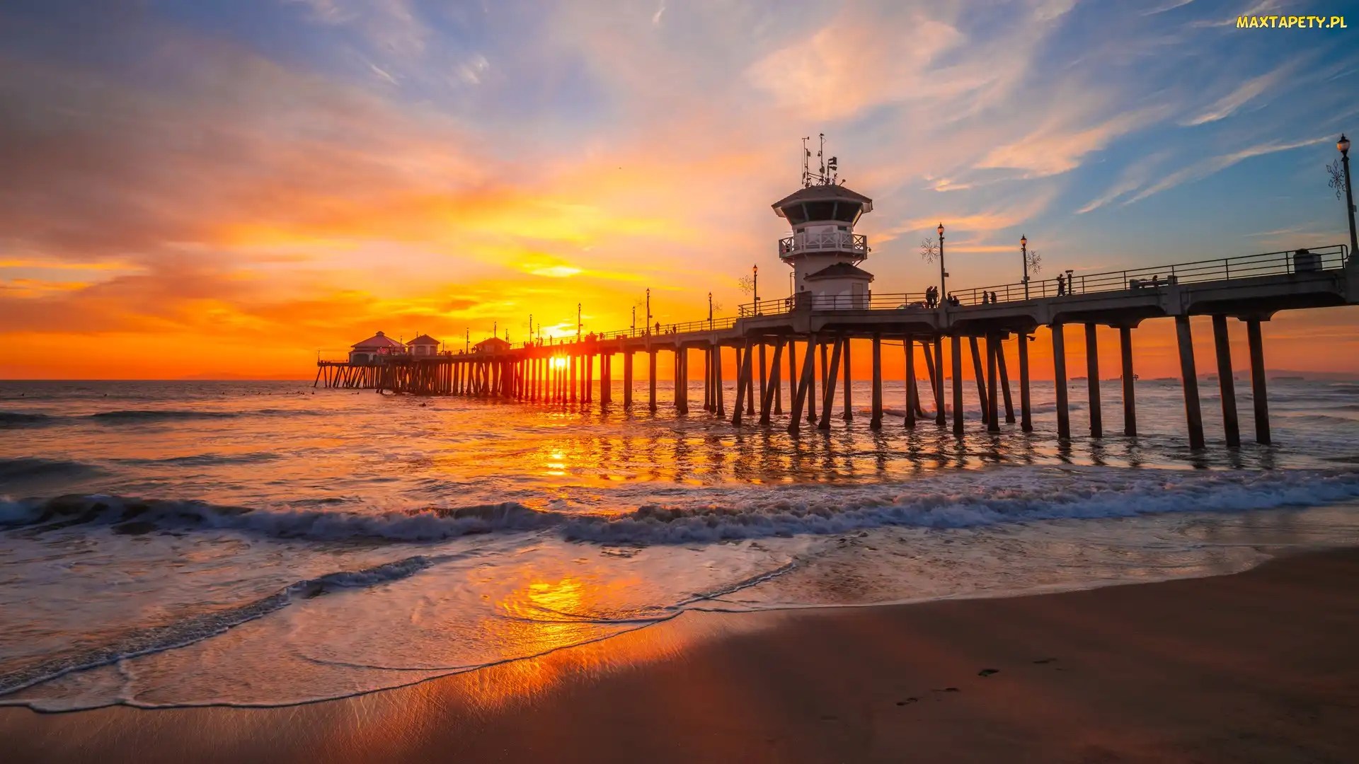 Plaża, Huntington Beach Pier, Fale, Morze, Stany Zjednoczone, Huntington Beach, Zachód słońca, Kalifornia, Molo