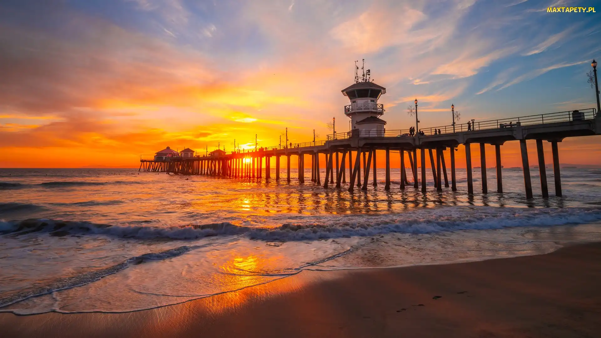Morze, Kalifornia, Zachód słońca, Stany Zjednoczone, Huntington Beach, Huntington Beach Pier, Fale, Plaża, Molo