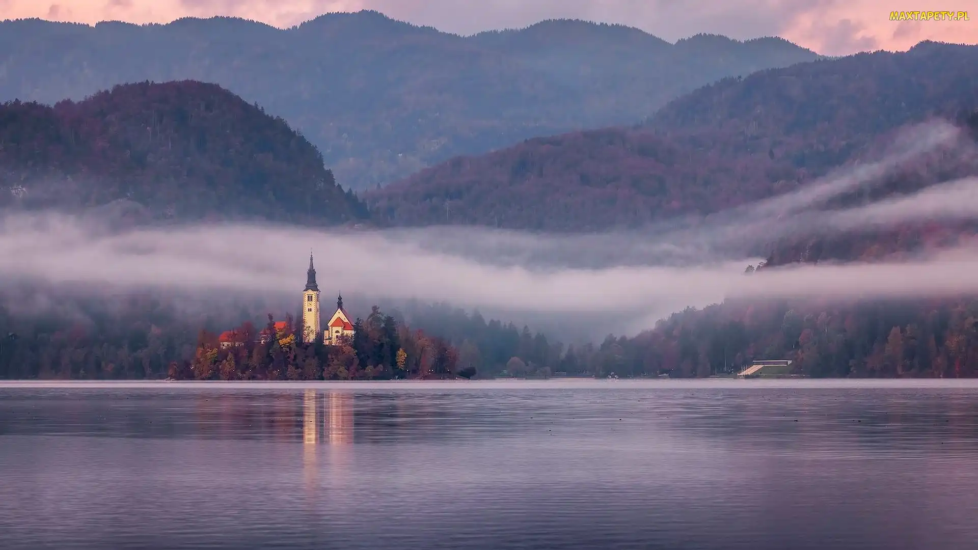 Jezioro, Blejski Otok, Słowenia, Wyspa, Mgła, Bled, Góry, Kościół Zwiastowania Marii Panny