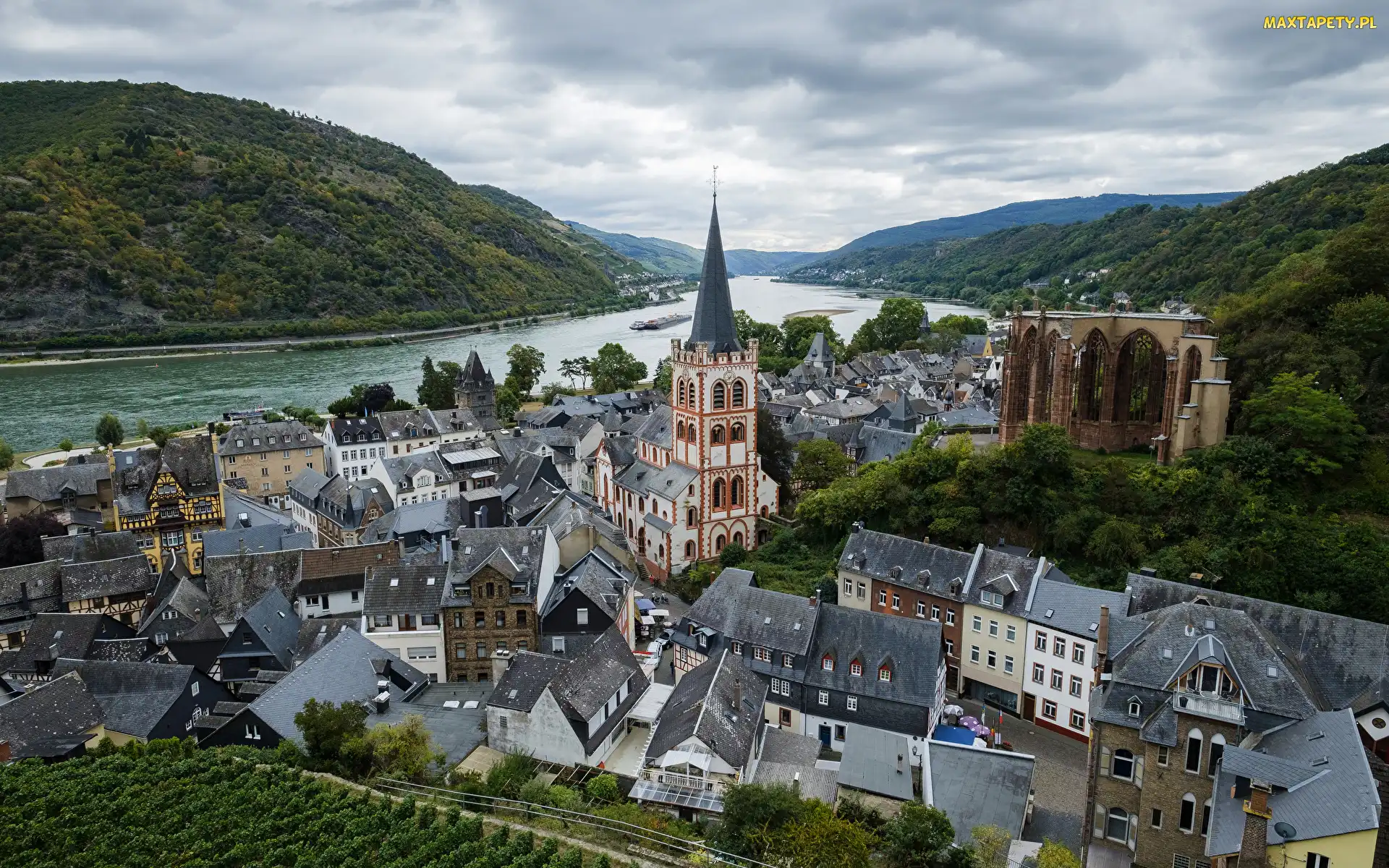 Niemcy, Domy, Wernerkapelle, Góry, Rzeka Ren, Kaplica Wernera, Powiat Mainz-Bingen, Bacharach, Kościół św Piotra