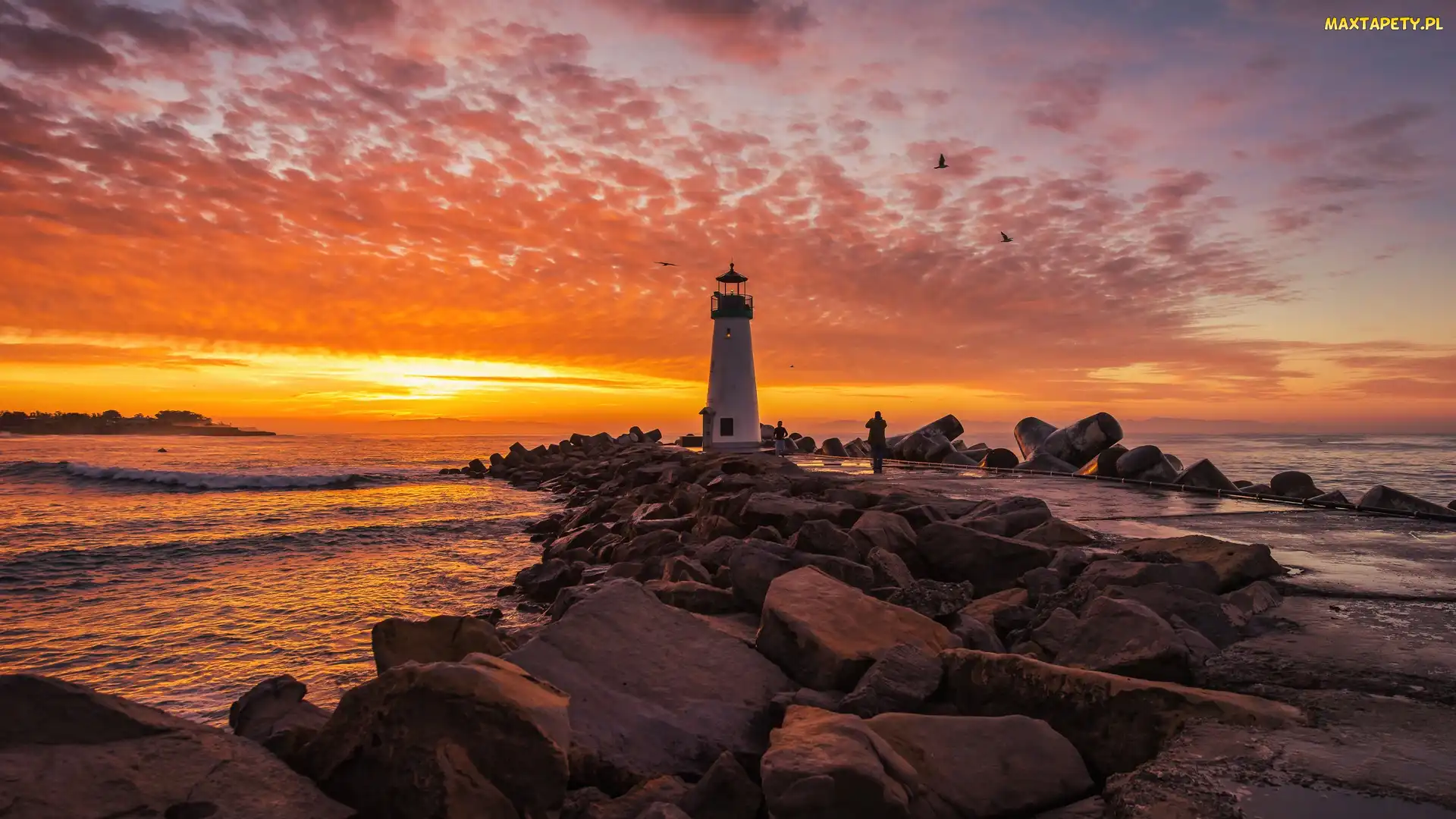 Kamienie, Latarnia morska Walton Lighthouse, Morze, Chmury, Stan Kalifornia, Zachód słońca, Stany Zjednoczone, Santa Cruz