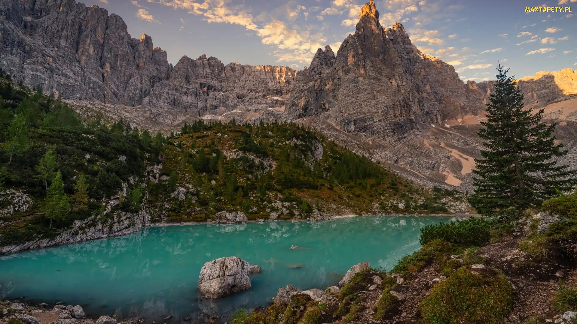 Prowincja Belluno, Włochy, Drzewa, Dolomity, Masyw Sorapiss, Jezioro Sorapis, Góry