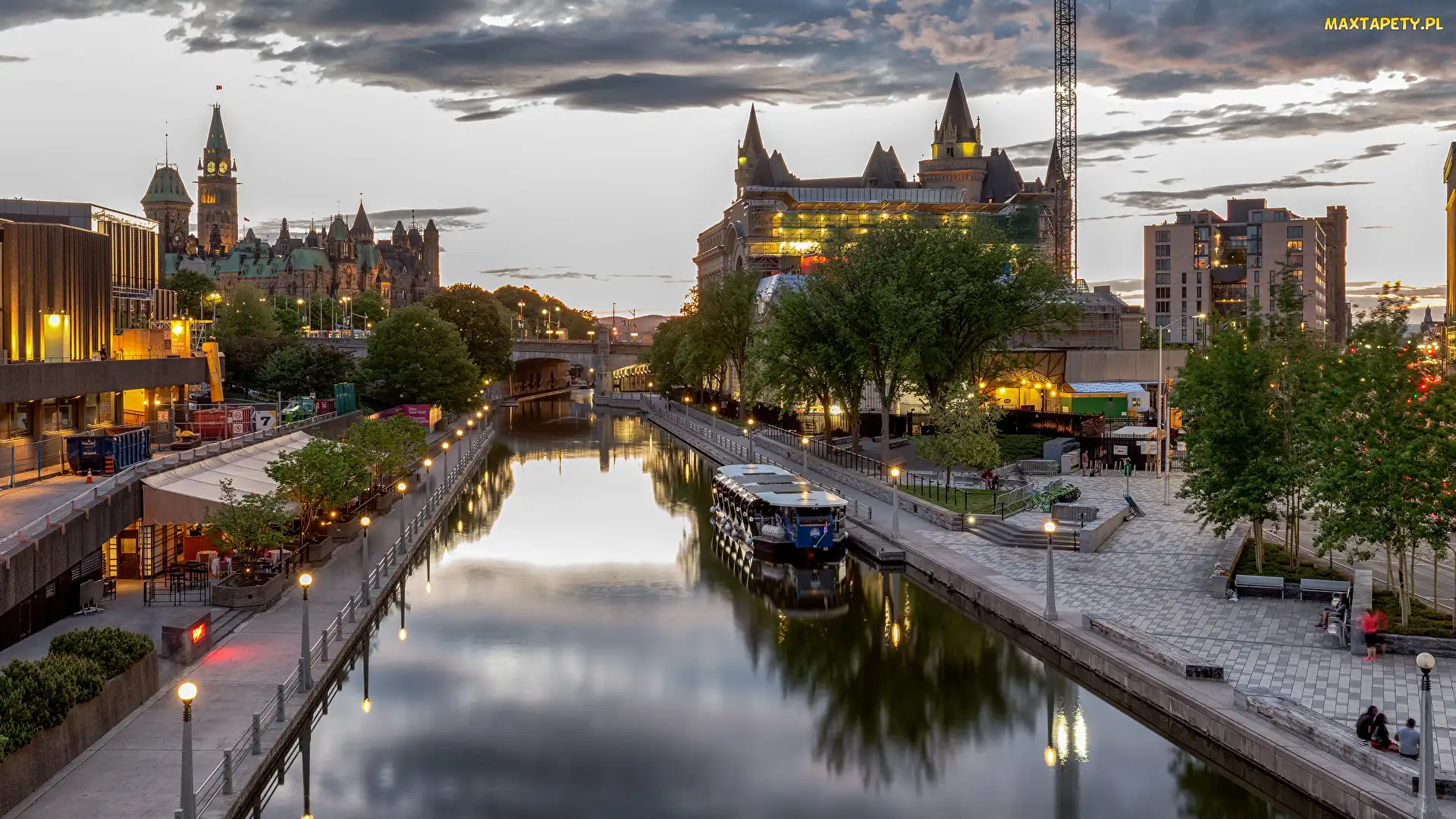 Statek, Kanał Rideau, Ottawa, Ulice, Most, Kanada, Domy