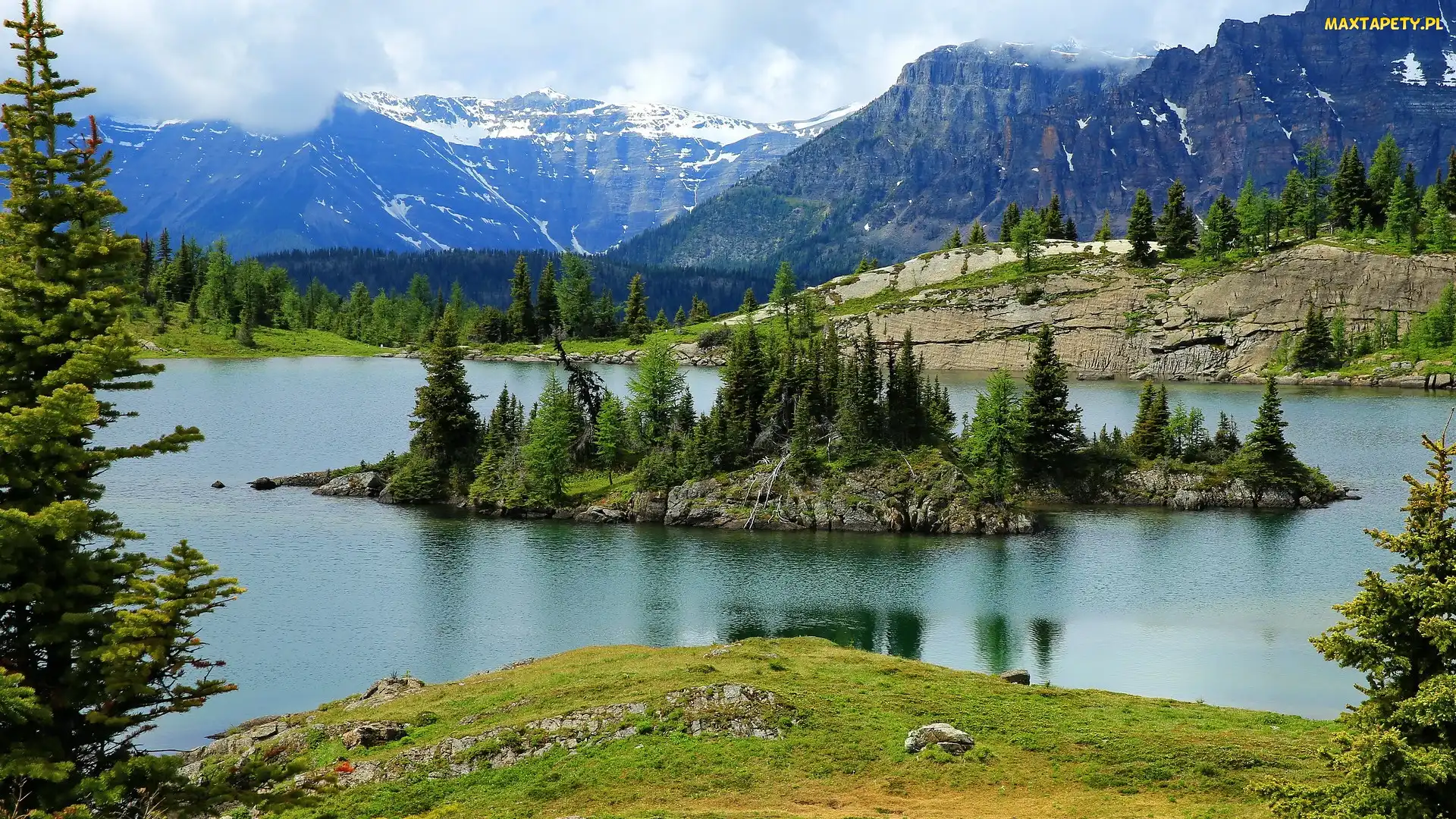 Góry, Alberta, Drzewa, Kanada, Park Narodowy Banff, Skały, Jezioro, Rock Isle Lake, Wysepka