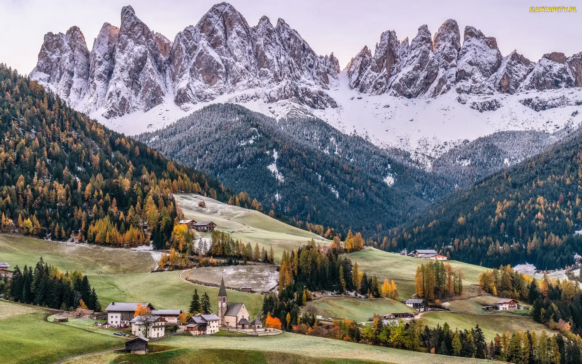 Val di Funes, Wieś, Włochy, Dolomity, Santa Maddalena, Kościół, Południowy Tyrol, Domy, Dolina, Ośnieżone, Góry