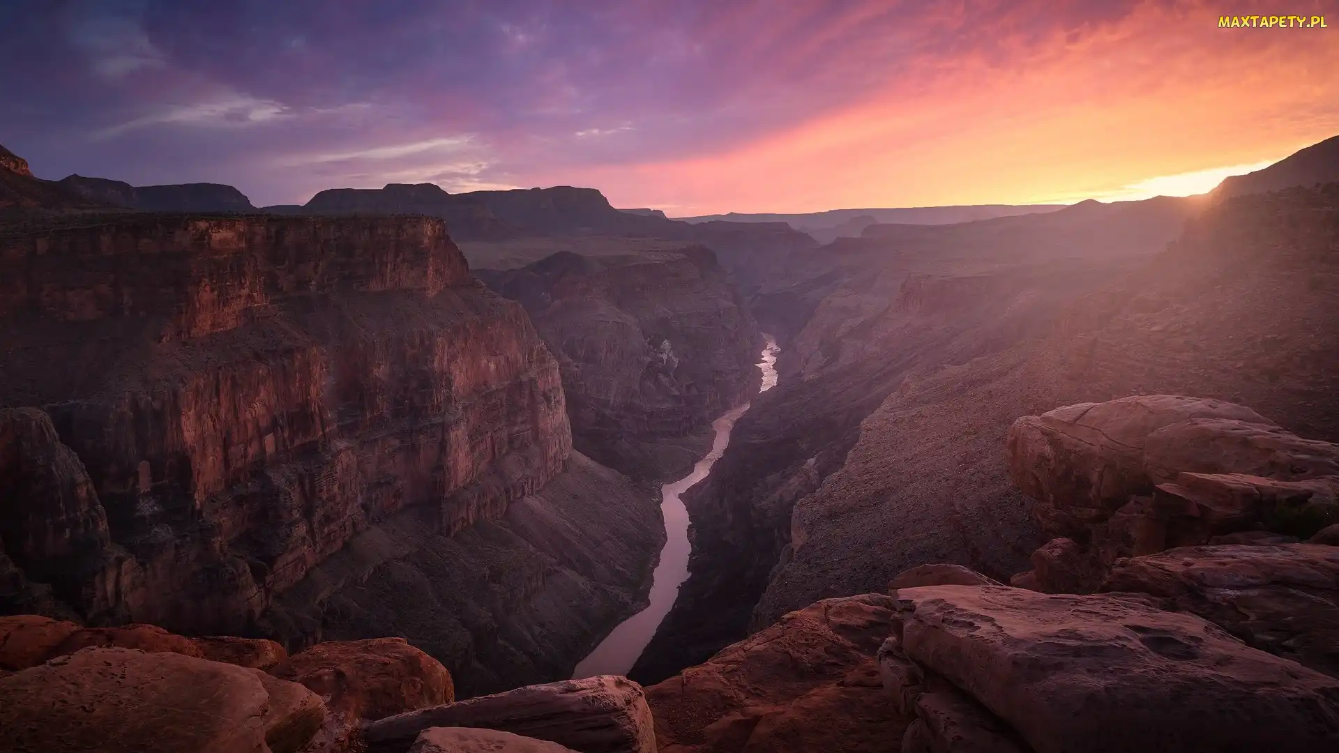 Stany Zjednoczone, Zachód słońca, Wielki Kanion Kolorado, Park Narodowy Wielkiego Kanionu, Grand Canyon, Rzeka Kolorado